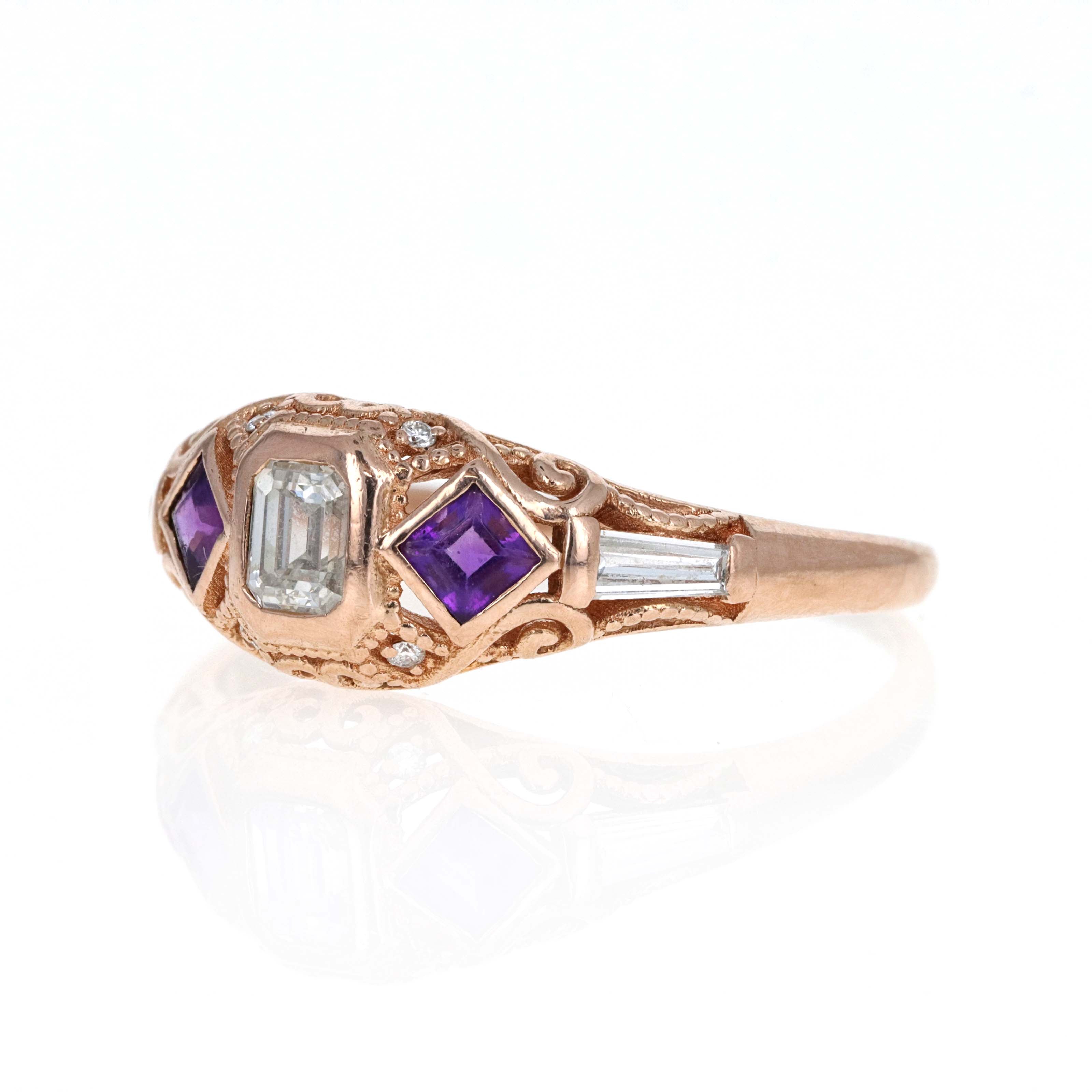 14K Rose Gold 0.40 Carat Emerald Diamond Amethyst Accented Engagement Ring - Queen May