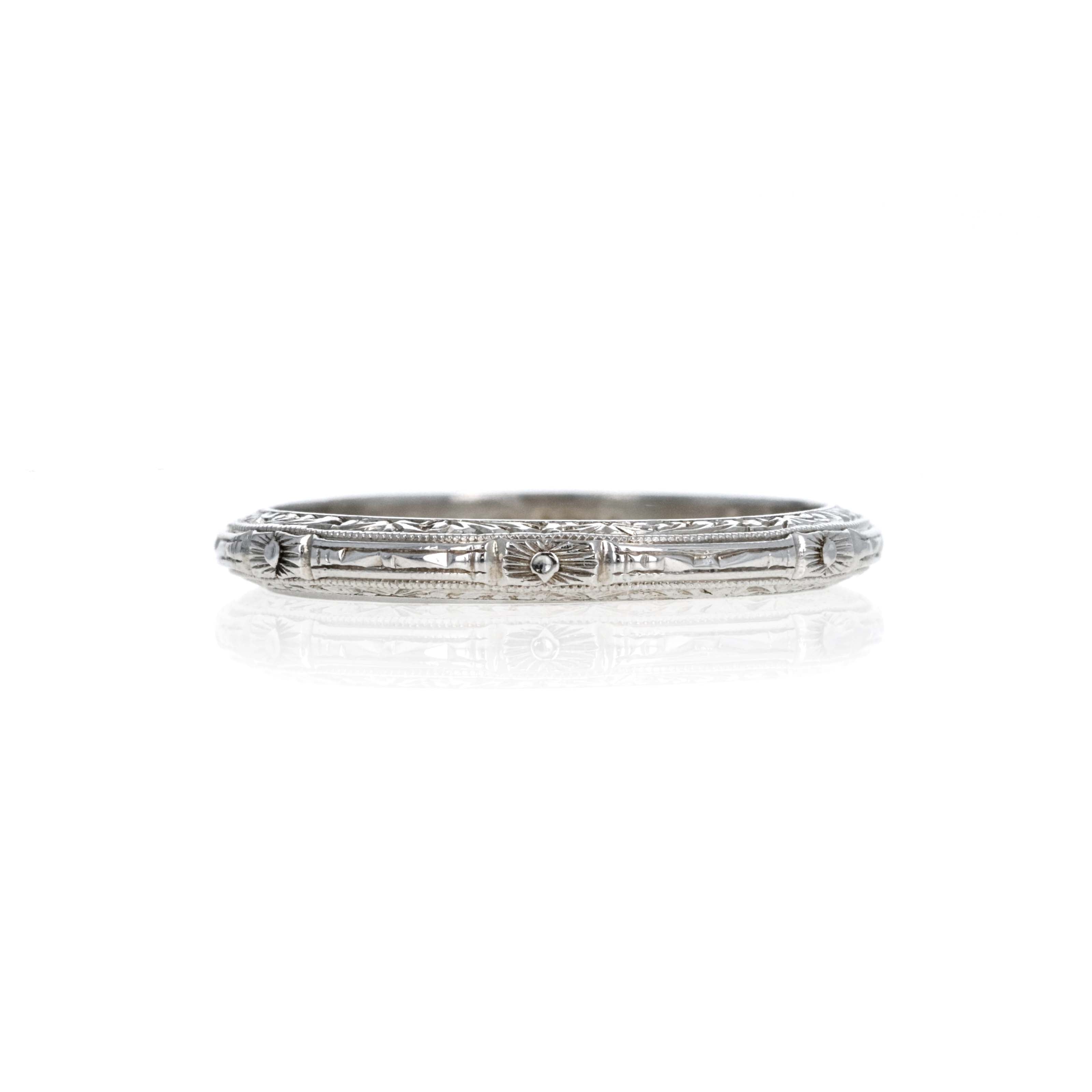 18K White Gold Art Deco Belais Hand Chiseled Band - Queen May