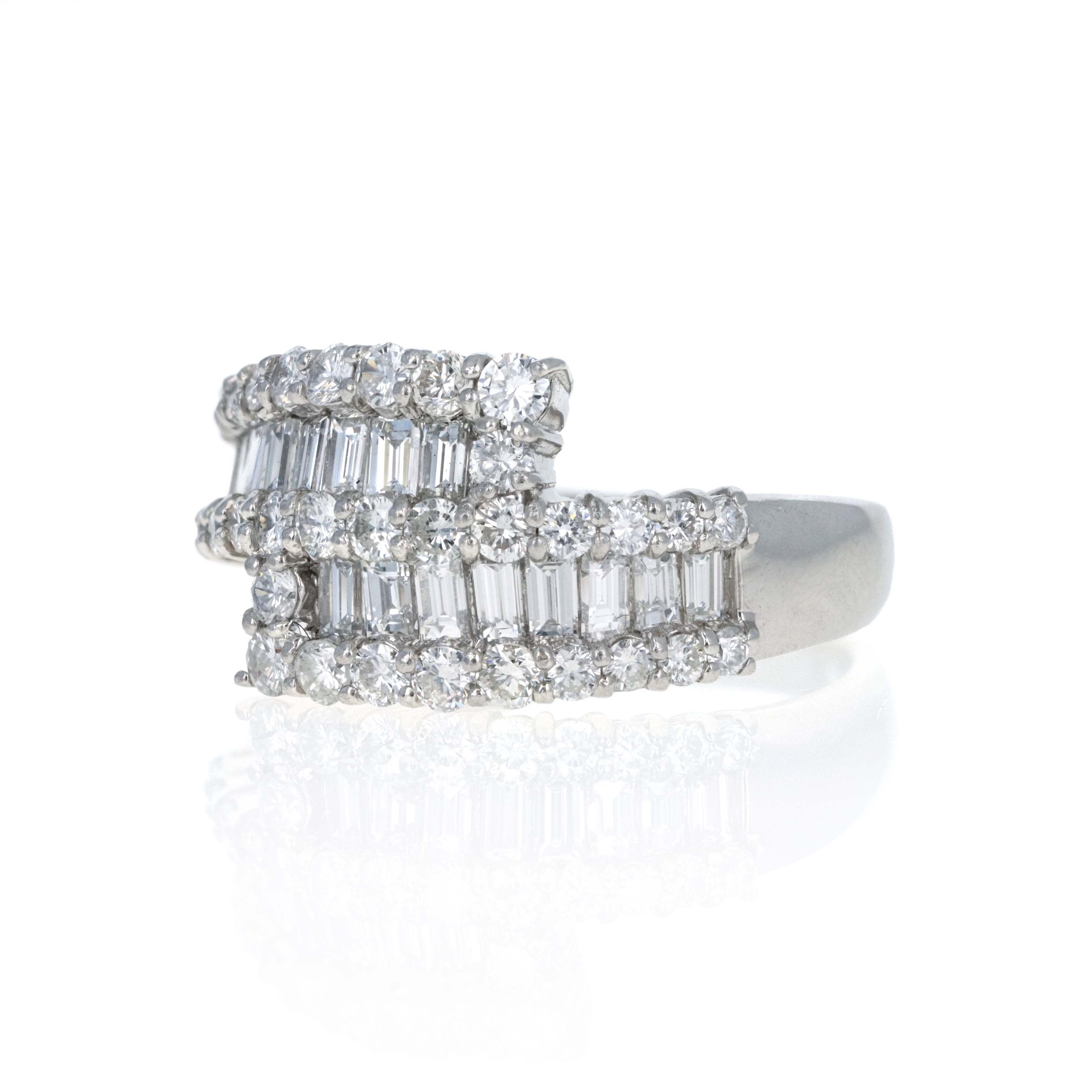Platinum 1.5 Carat Diamond Baguette Round Pave Bypass Ring - Queen May