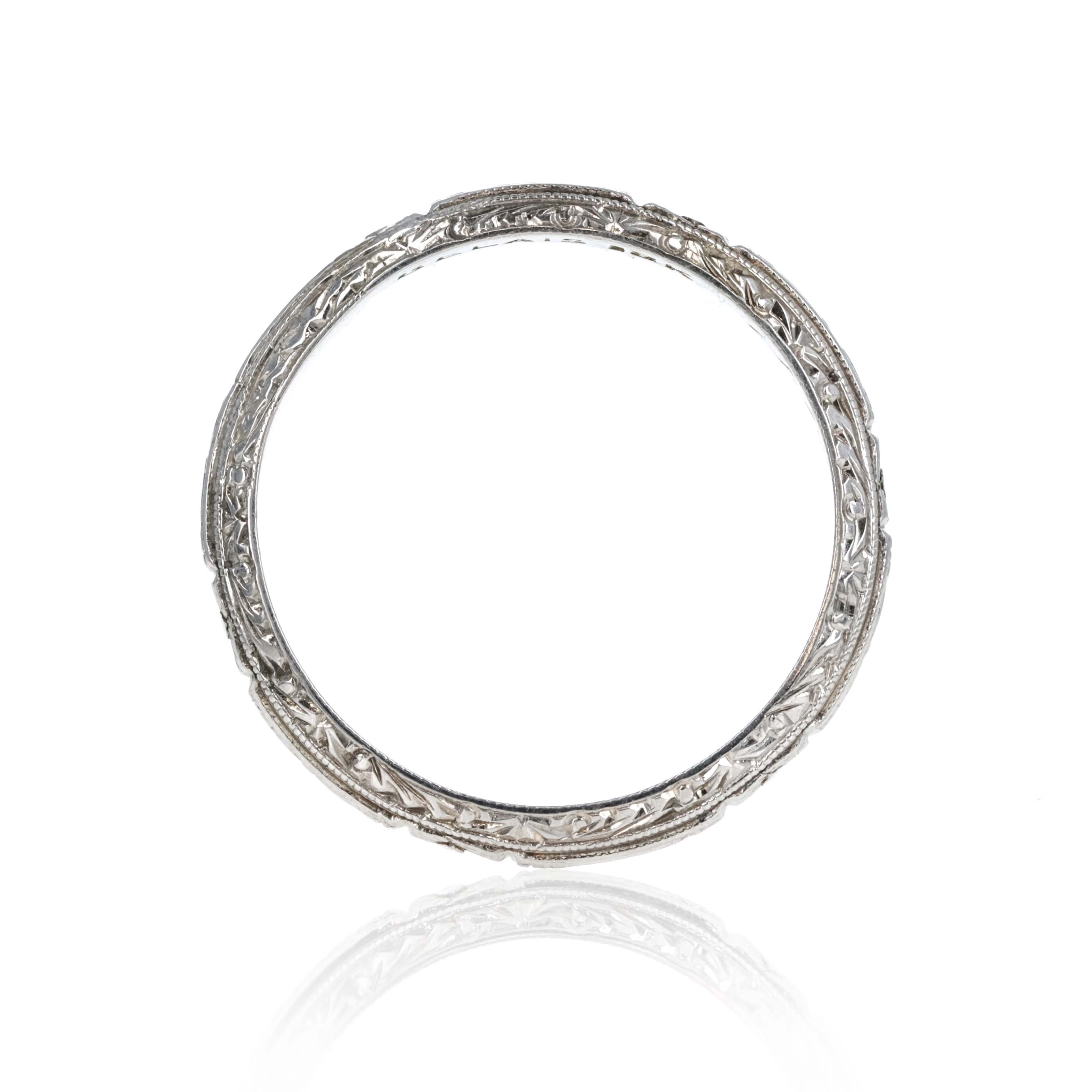 18K White Gold Art Deco Belais Hand Chiseled Band - Queen May