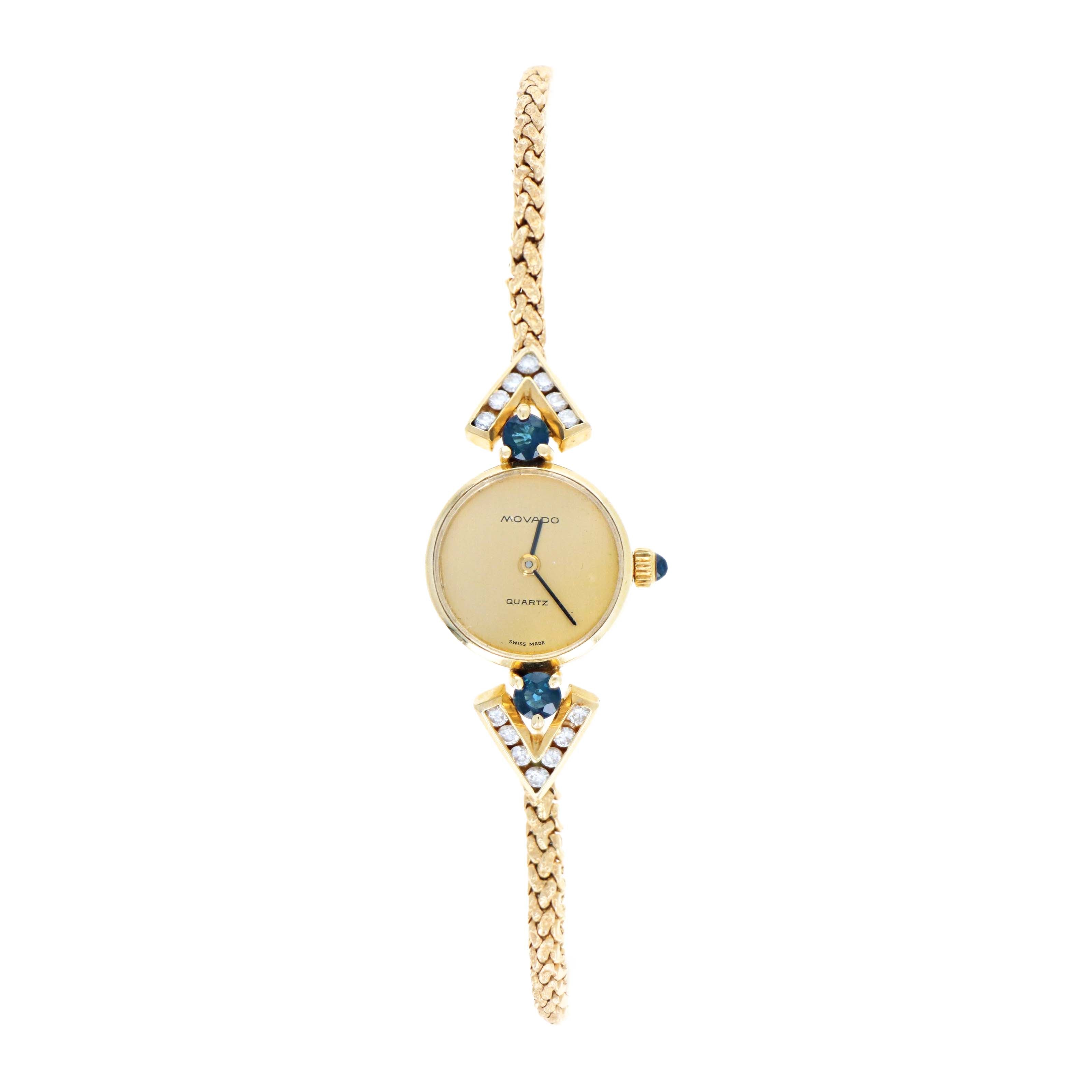 Vintage 14K Yellow Gold Movado Quartz Movement Diamond & Sapphire Watch
