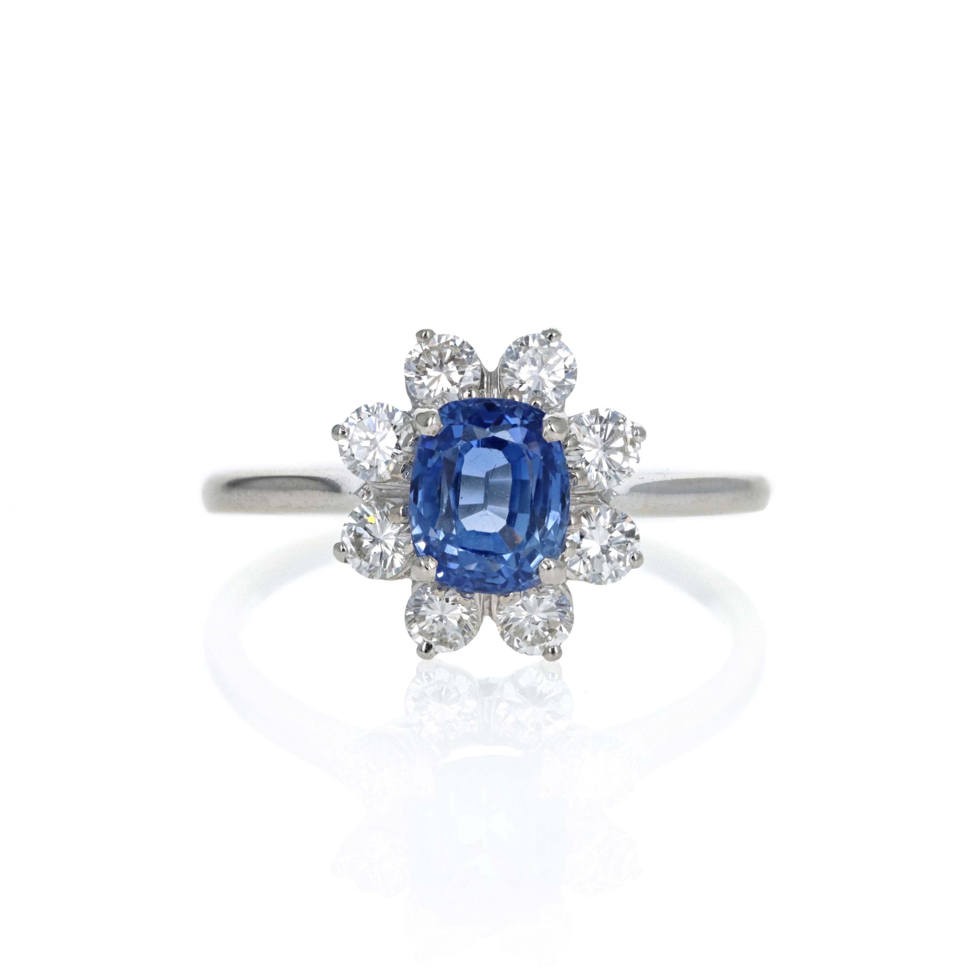 Vintage 14K White Gold 1.55 Carat Cushion Sapphire Diamond Halo Ring - Queen May