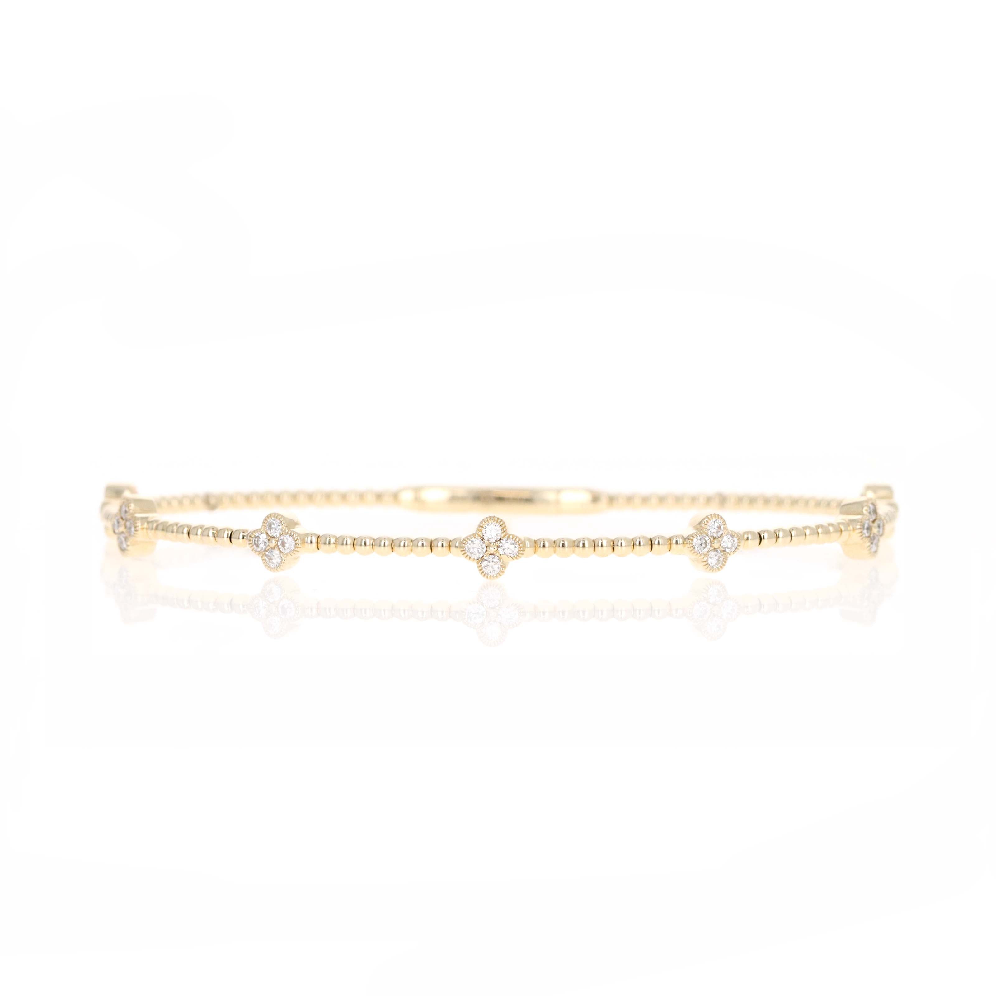 14K Yellow Gold Diamond Clover Floral Bead Flexible Bangle - Queen May