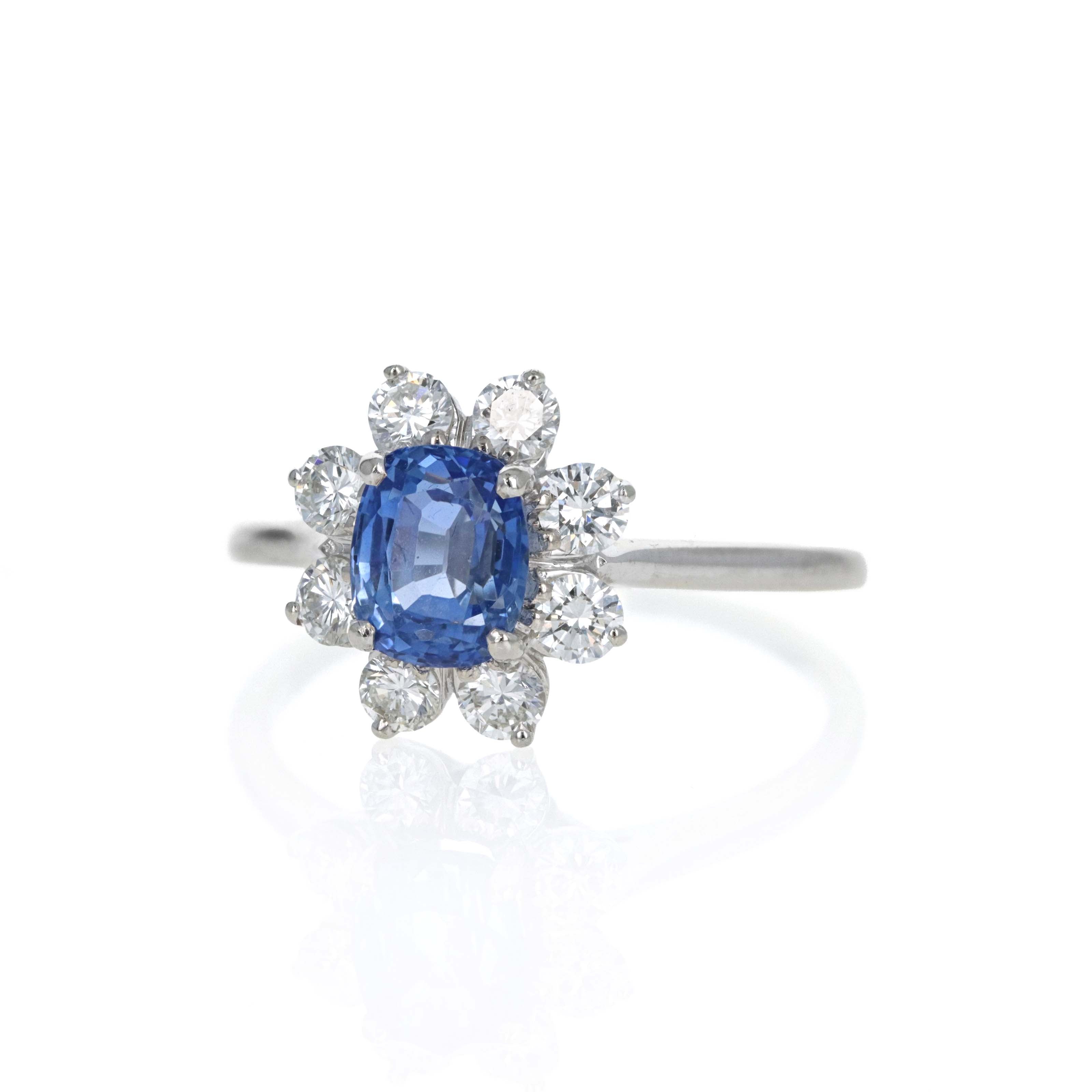 Vintage 14K White Gold 1.55 Carat Cushion Sapphire Diamond Halo Ring - Queen May