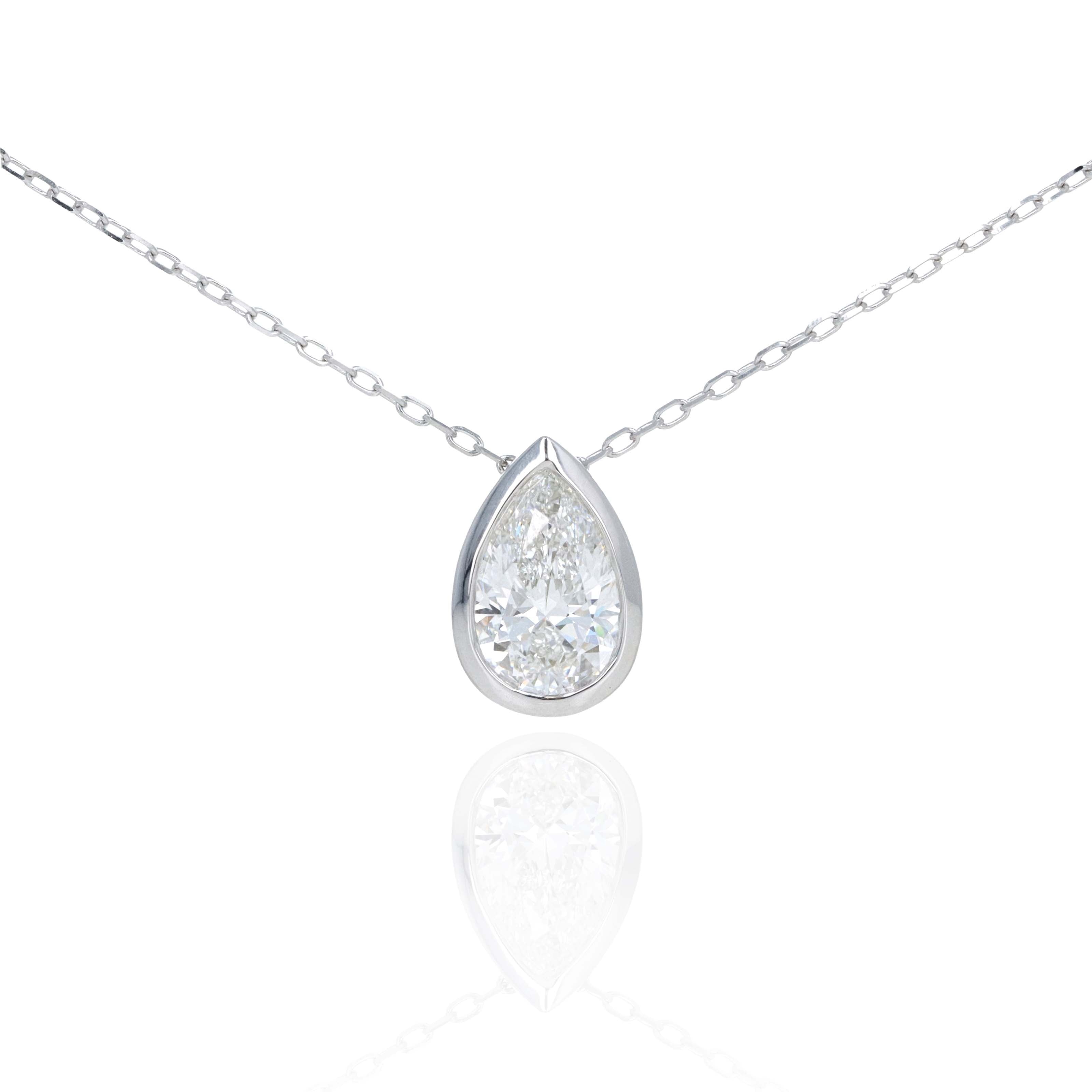 Lab Grown 2.02 Carat Diamond Pear Bezel Pendant Necklace 14K White Gold - Queen May