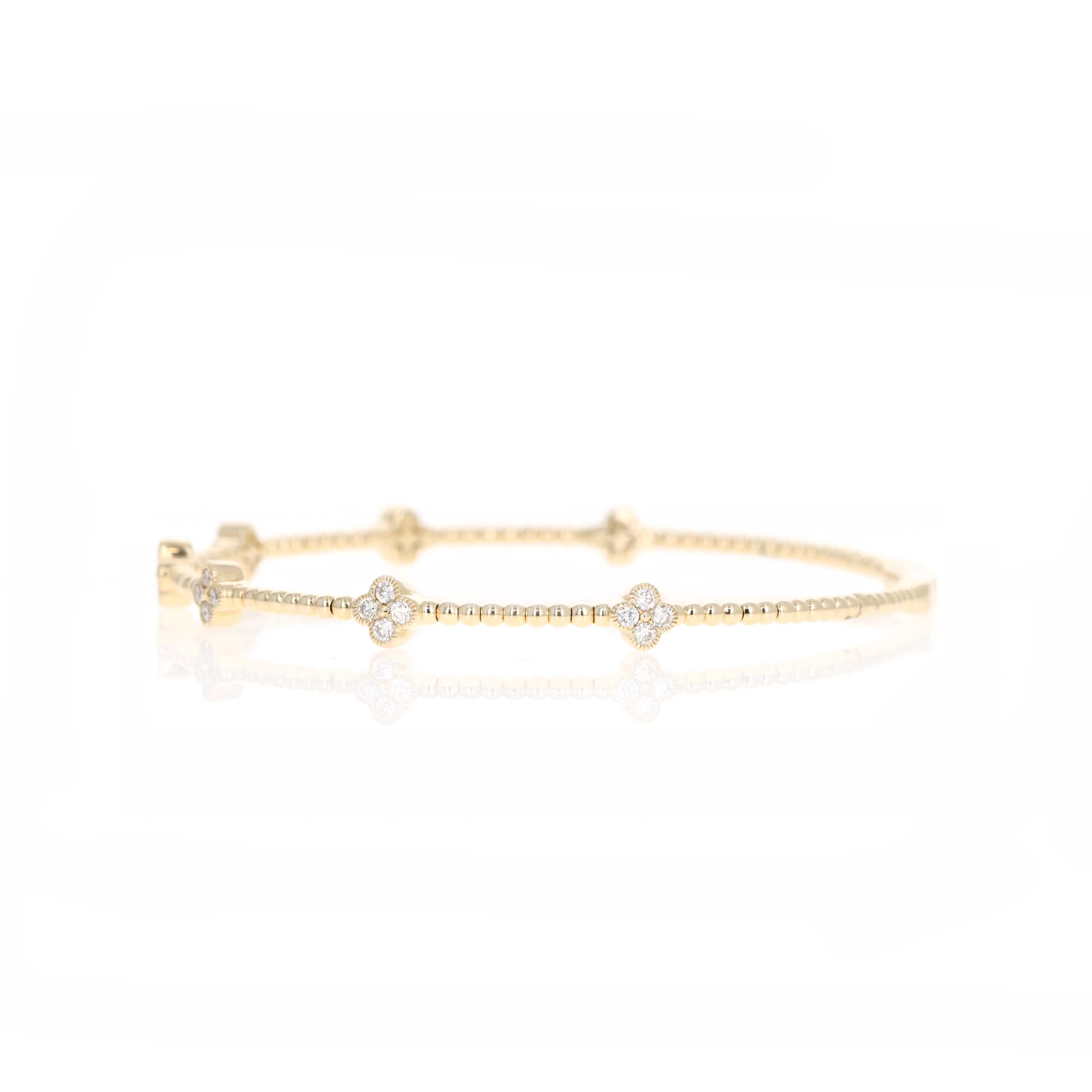 14K Yellow Gold Diamond Clover Floral Bead Flexible Bangle - Queen May