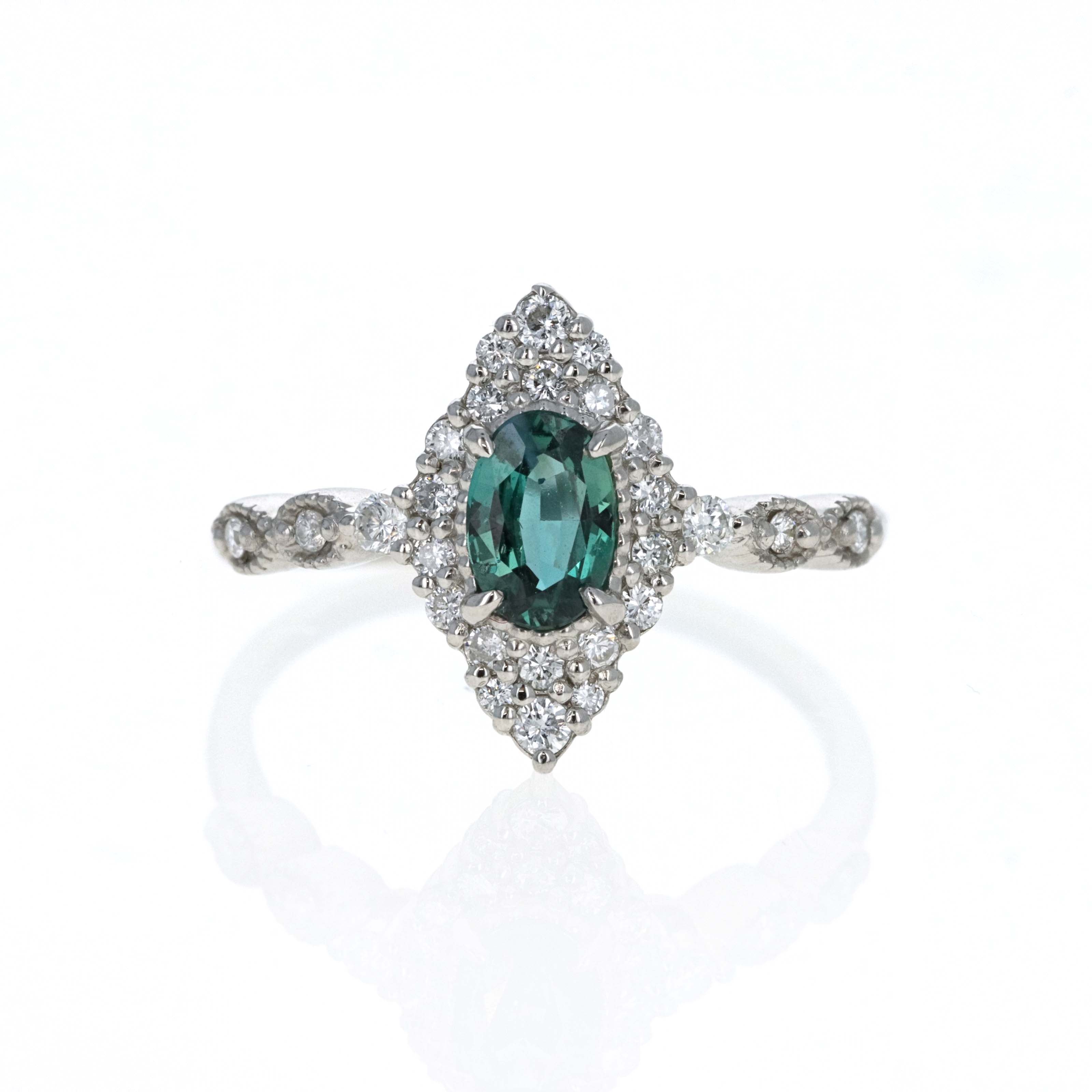 Platinum 0.60 Carat Alexandrite Diamond Scallop Halo Ring - Queen May