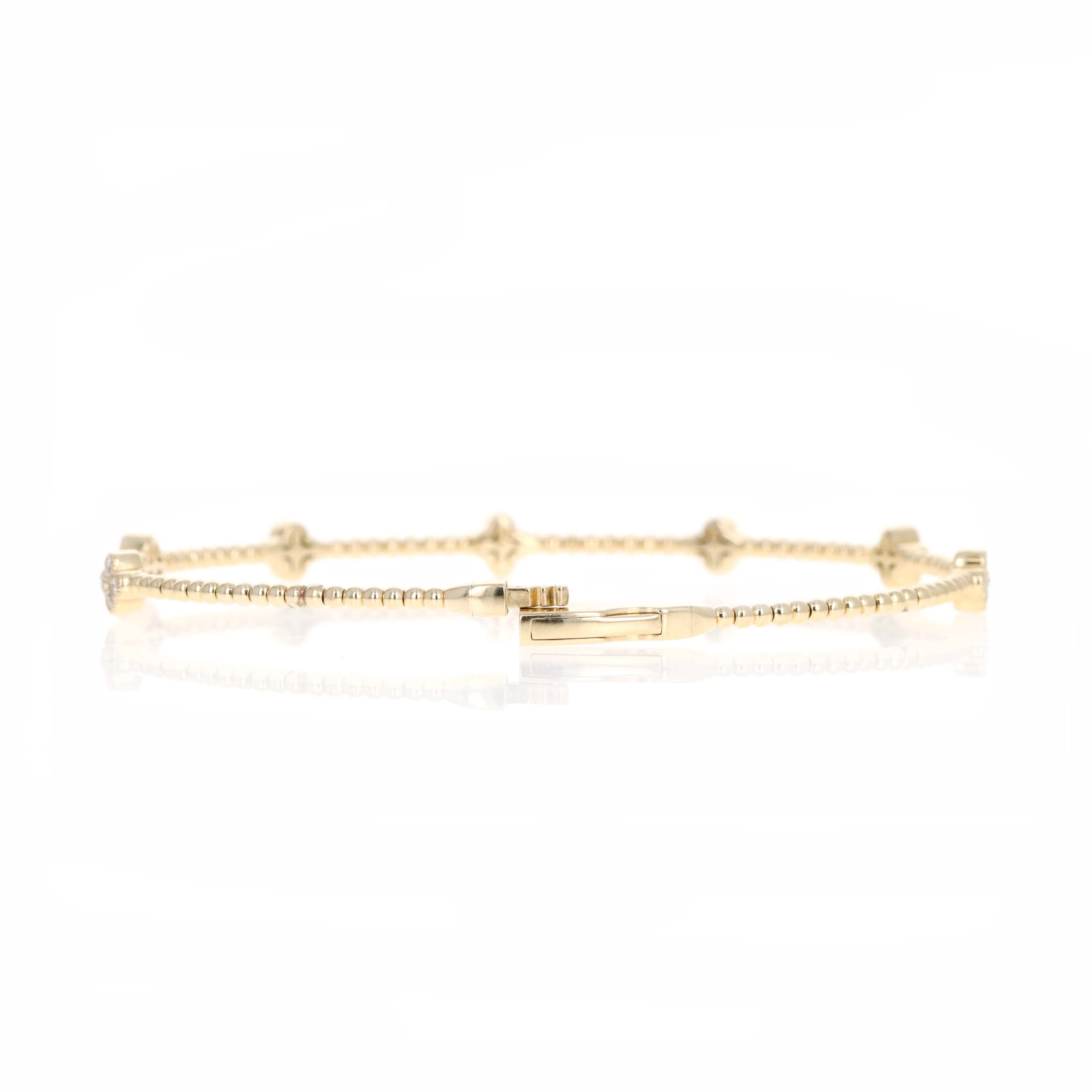 14K Yellow Gold Diamond Clover Floral Bead Flexible Bangle - Queen May