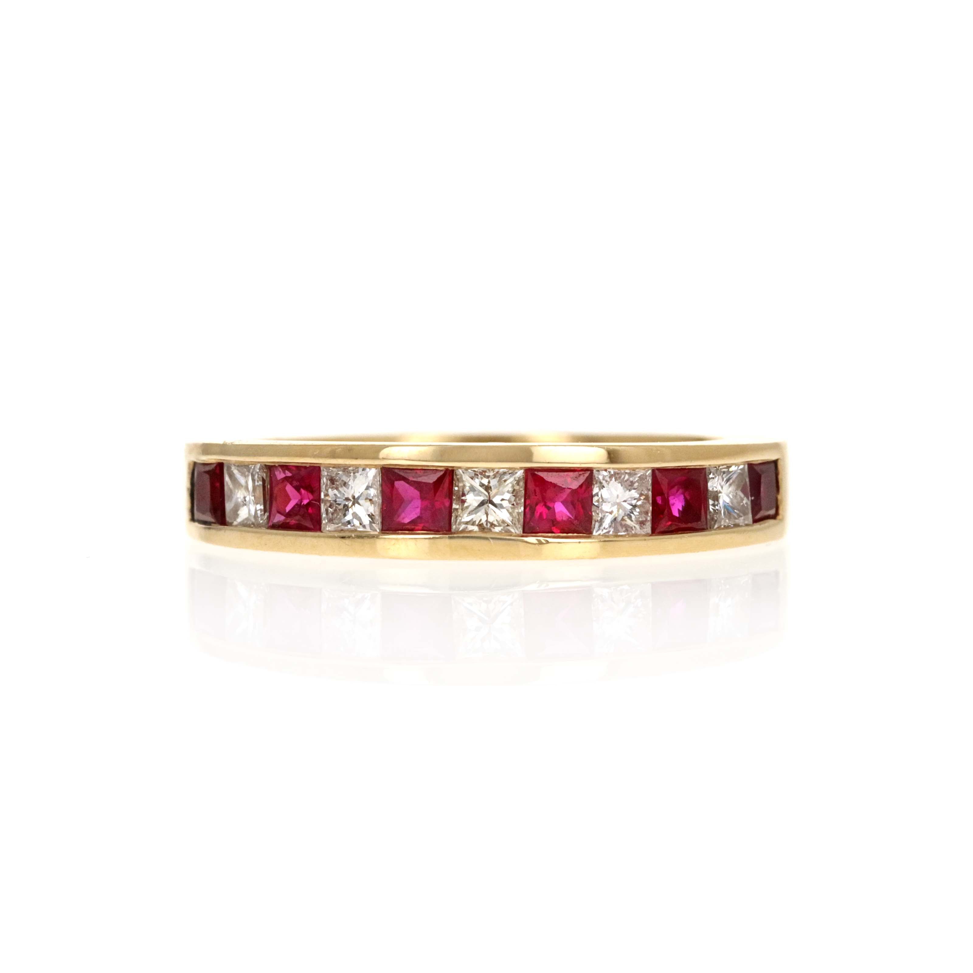 14K Yellow Gold 1 Carat Princess Cut Ruby & Diamond Ring - Queen May