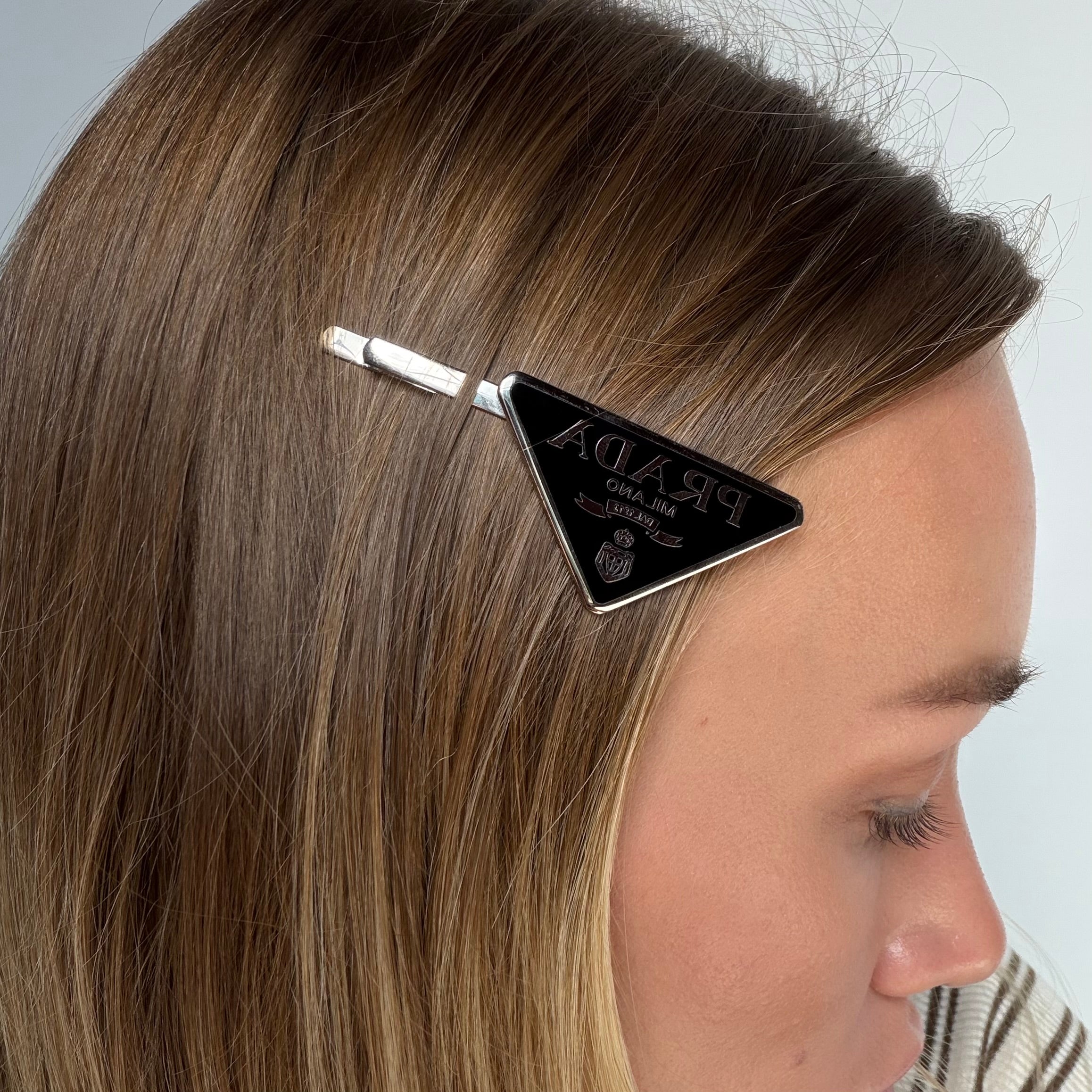 Prada Enamel Triangle Logo Hair Clips