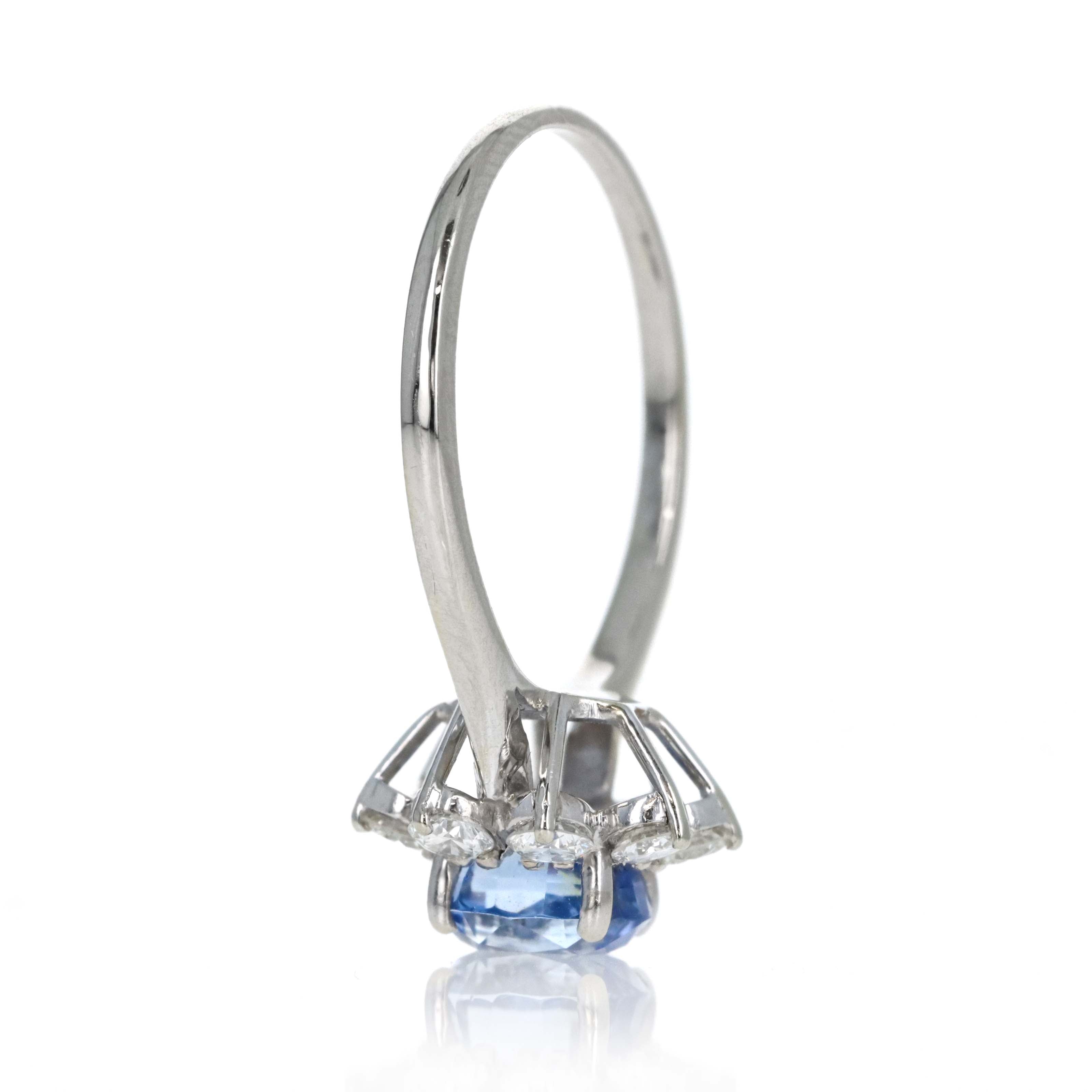 Vintage 14K White Gold 1.55 Carat Cushion Sapphire Diamond Halo Ring - Queen May