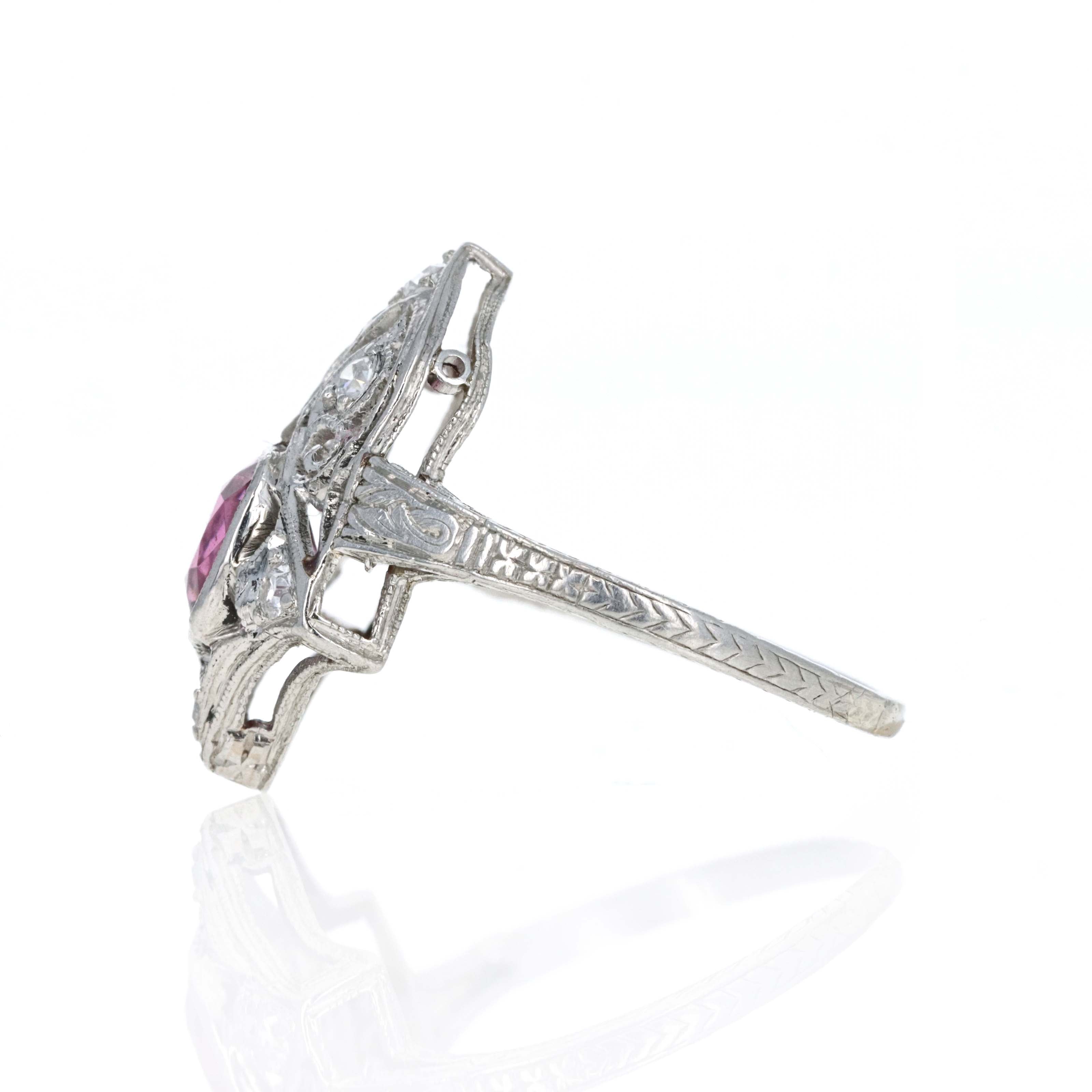 Art Deco Platinum 1 Carat Spinel Diamond Filigree Ring