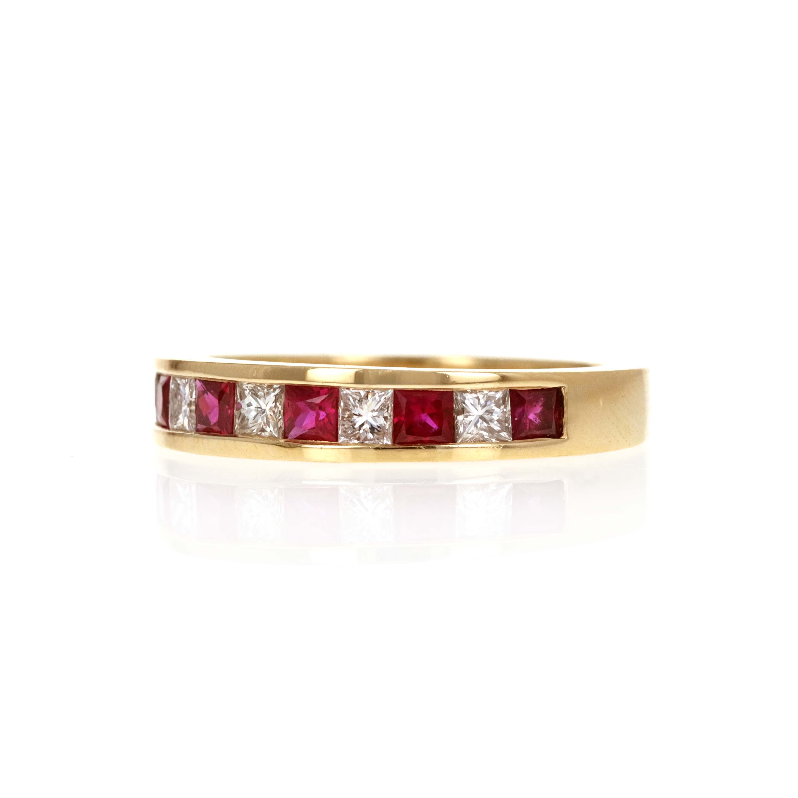 14K Yellow Gold 1 Carat Princess Cut Ruby & Diamond Ring - Queen May