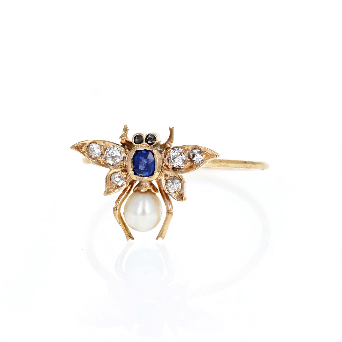 Victorian 18K Yellow Gold Diamond, Sapphire & Pearl Stick Pin Conversion Bee Ring