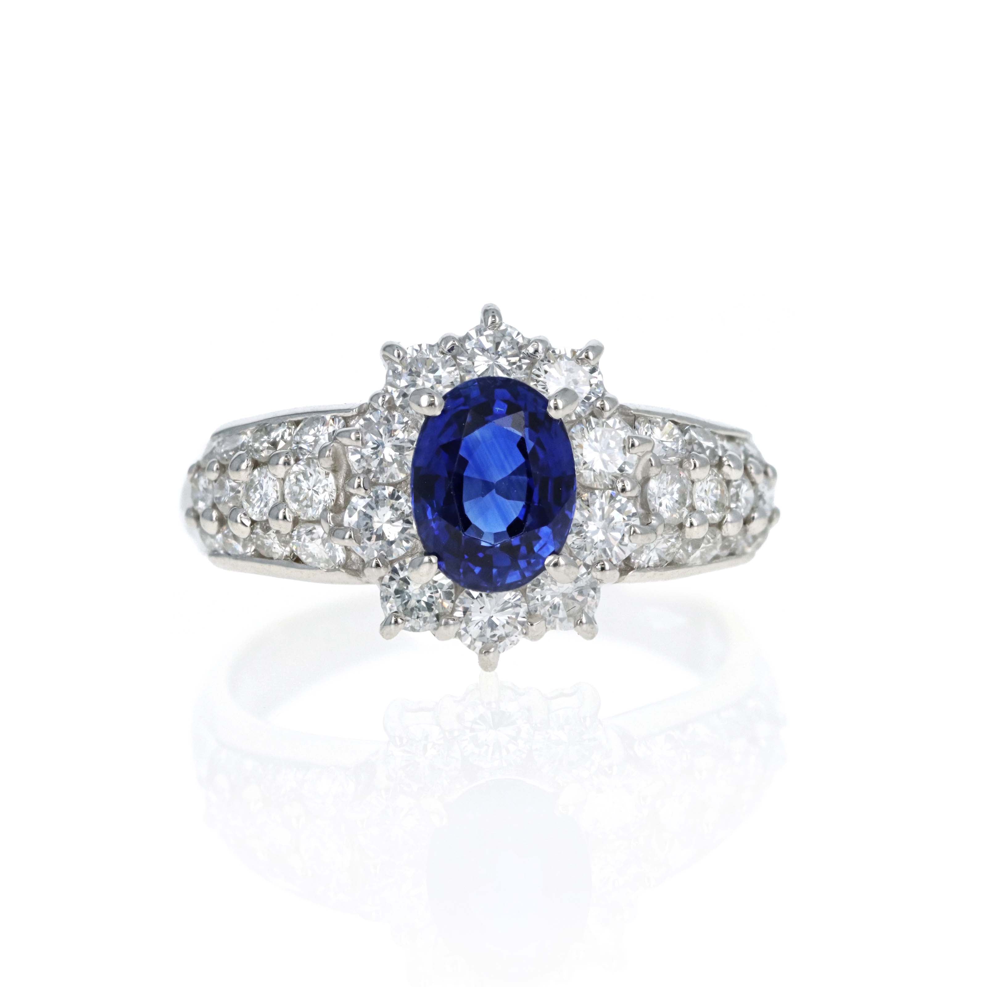Platinum 1.42 Carat Oval Sapphire Diamond Halo Pave Accented Ring - Queen May