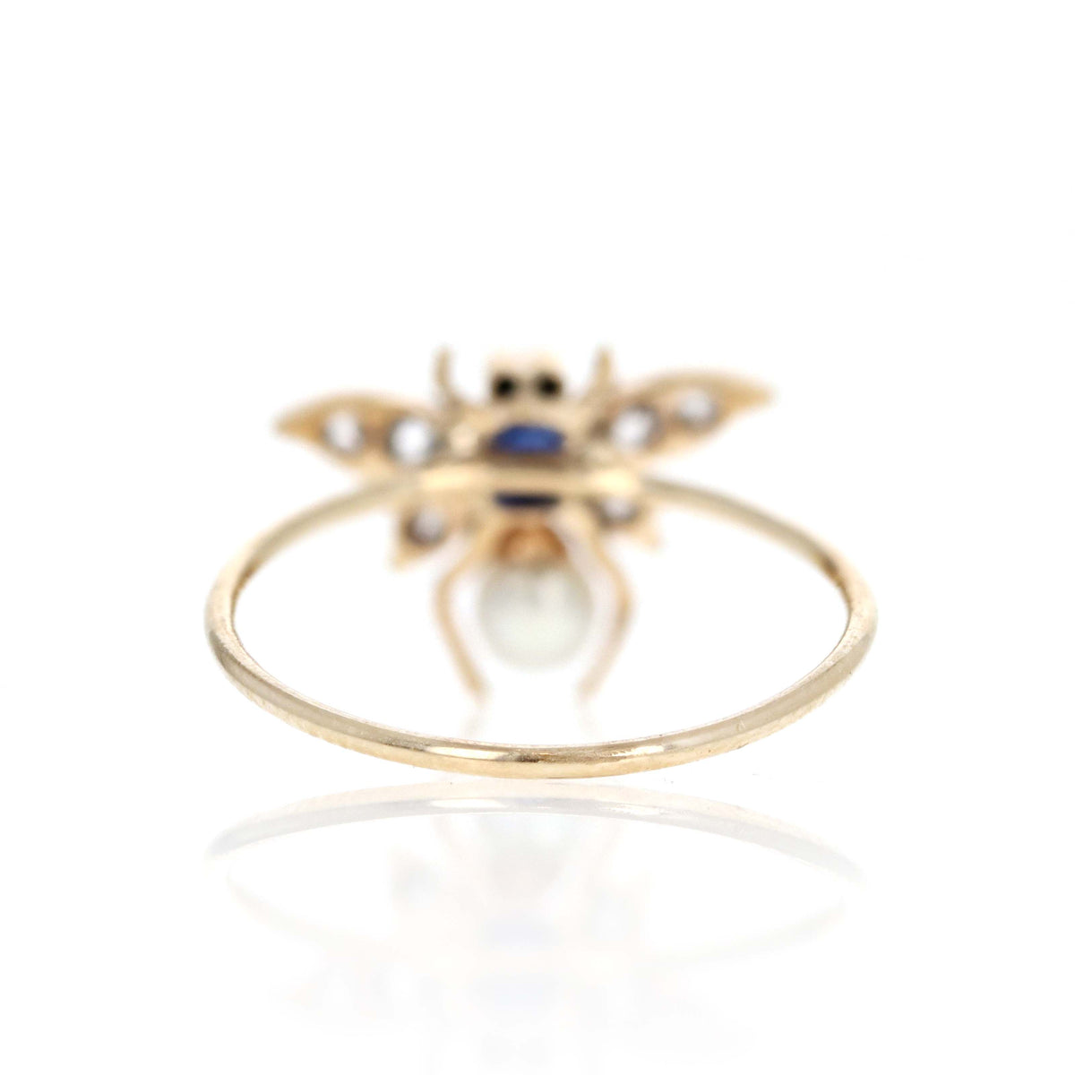 Victorian 18K Yellow Gold Diamond, Sapphire & Pearl Stick Pin Conversion Bee Ring