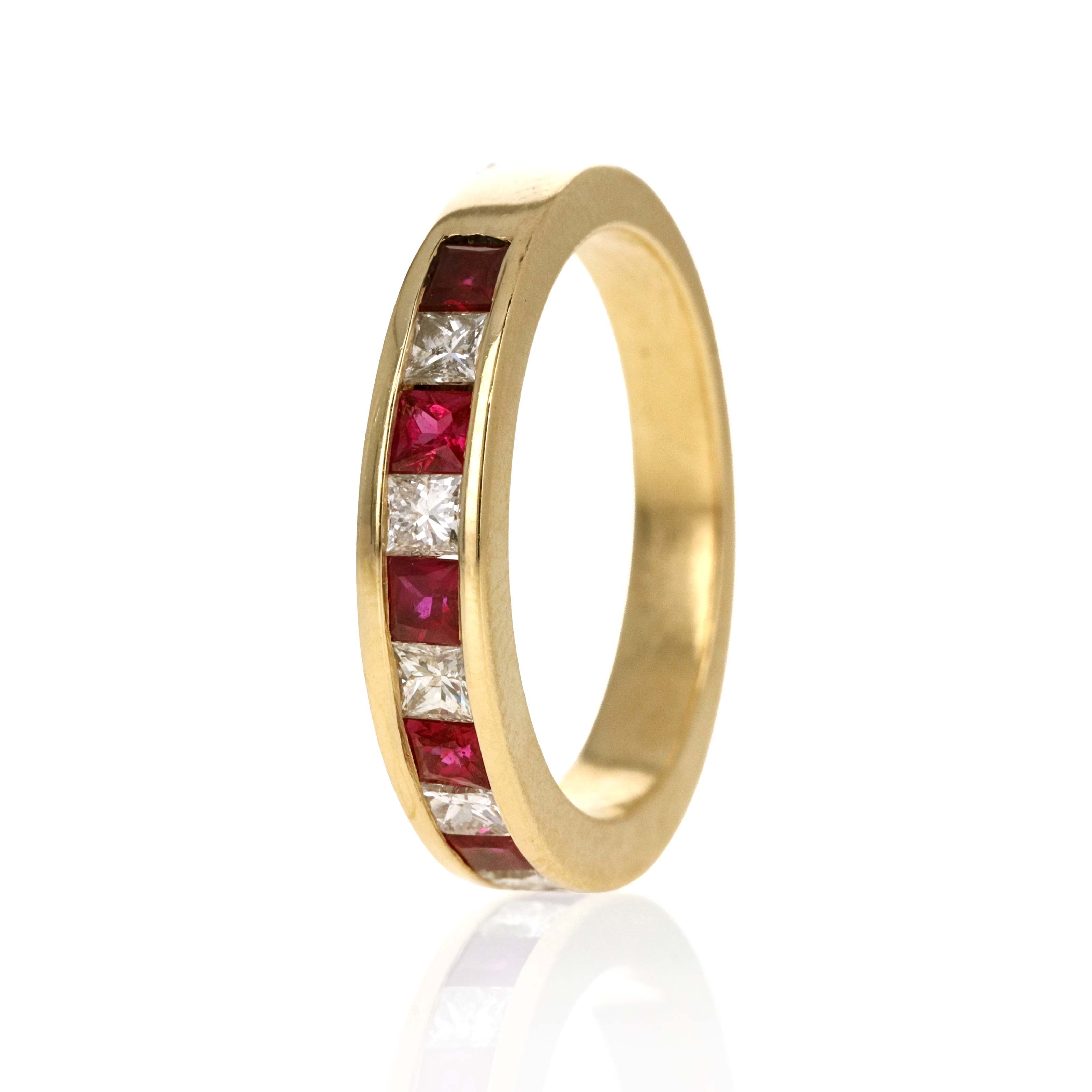 14K Yellow Gold 1 Carat Princess Cut Ruby & Diamond Ring - Queen May