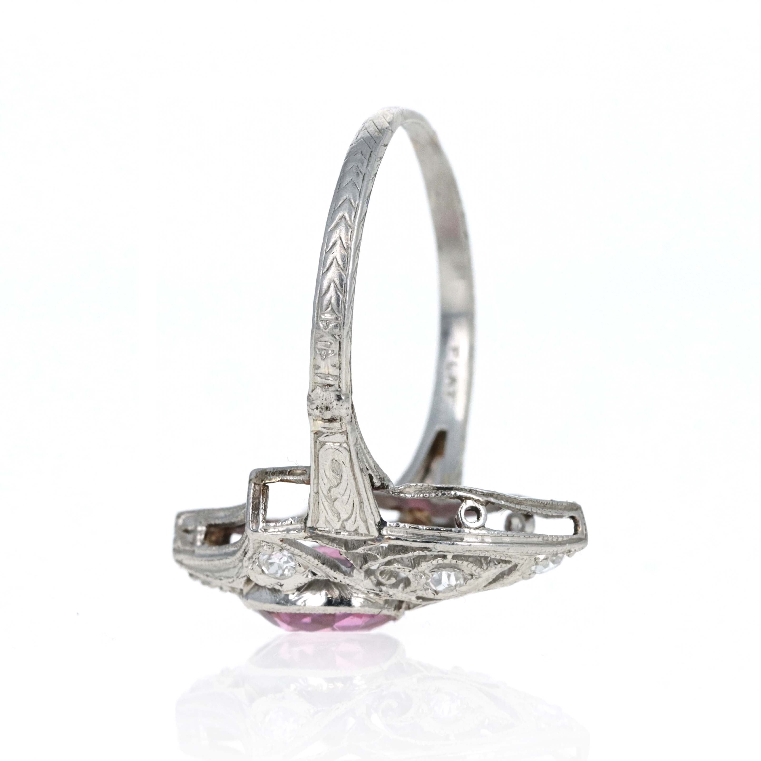 Art Deco Platinum 1 Carat Spinel Diamond Filigree Ring