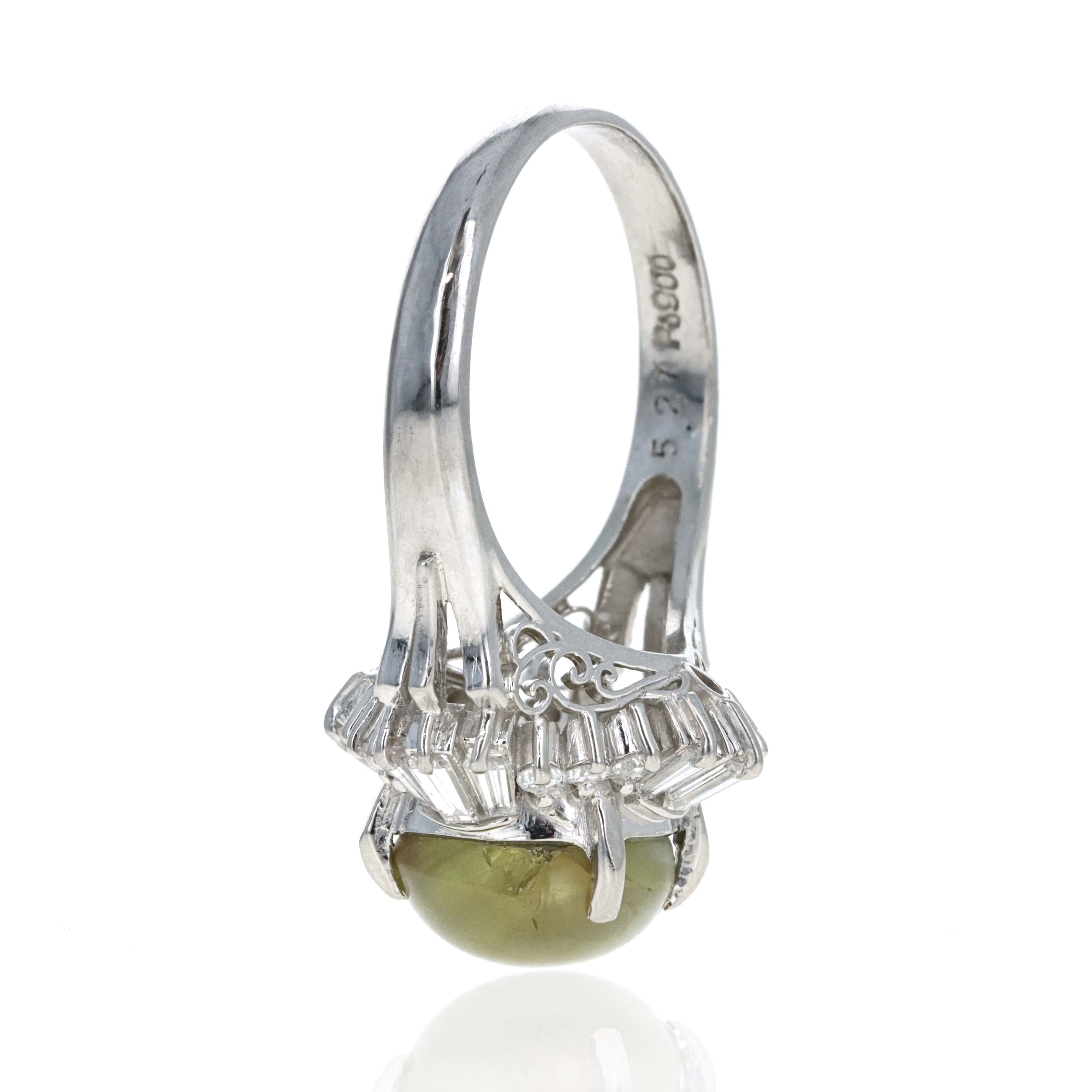 Retro Style Platinum 5.27 Carat Cat's Eye Chrysoberyl Diamond Fan Ring - Queen May