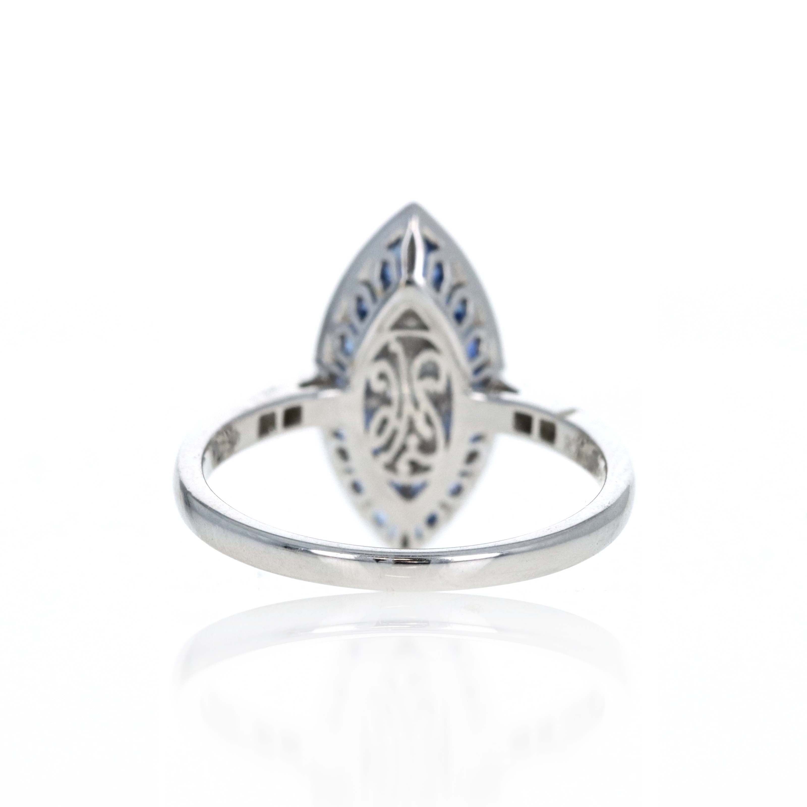 Art Deco Inspired 18K White Gold Princess Diamond Sapphire Halo Marquise Ring - Queen May