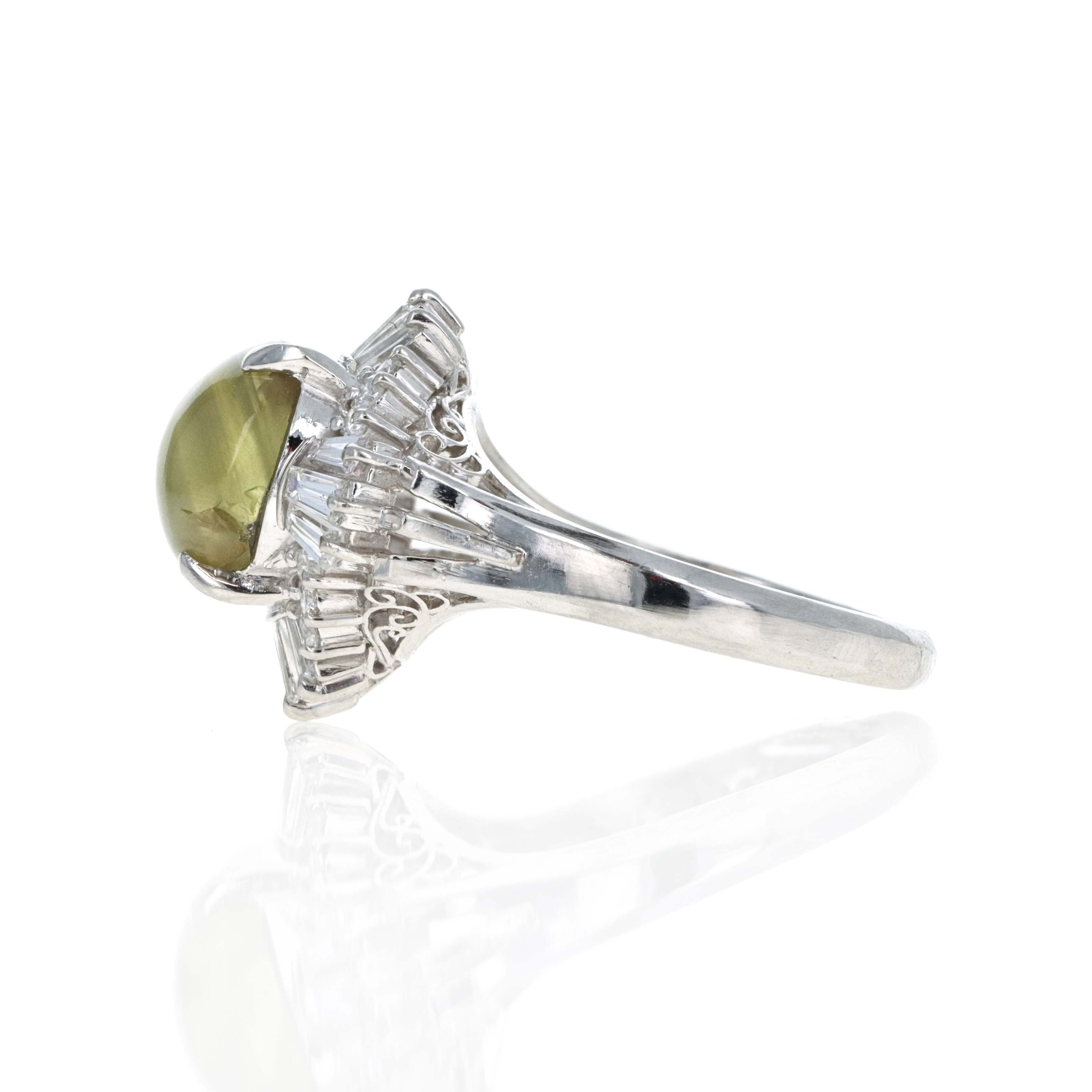 Retro Style Platinum 5.27 Carat Cat's Eye Chrysoberyl Diamond Fan Ring - Queen May