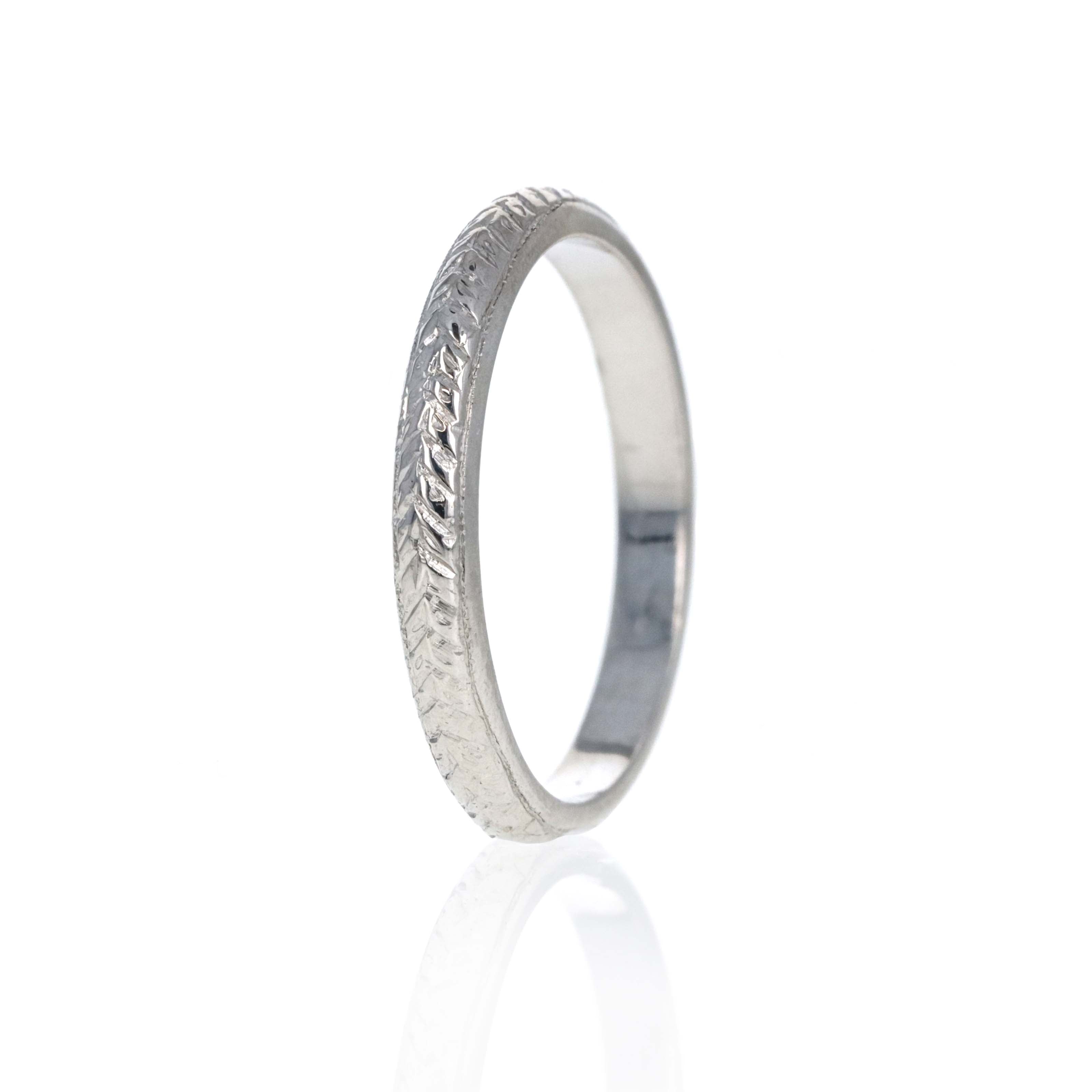 14K White Gold Art Deco Hand Chiseled Band - Queen May