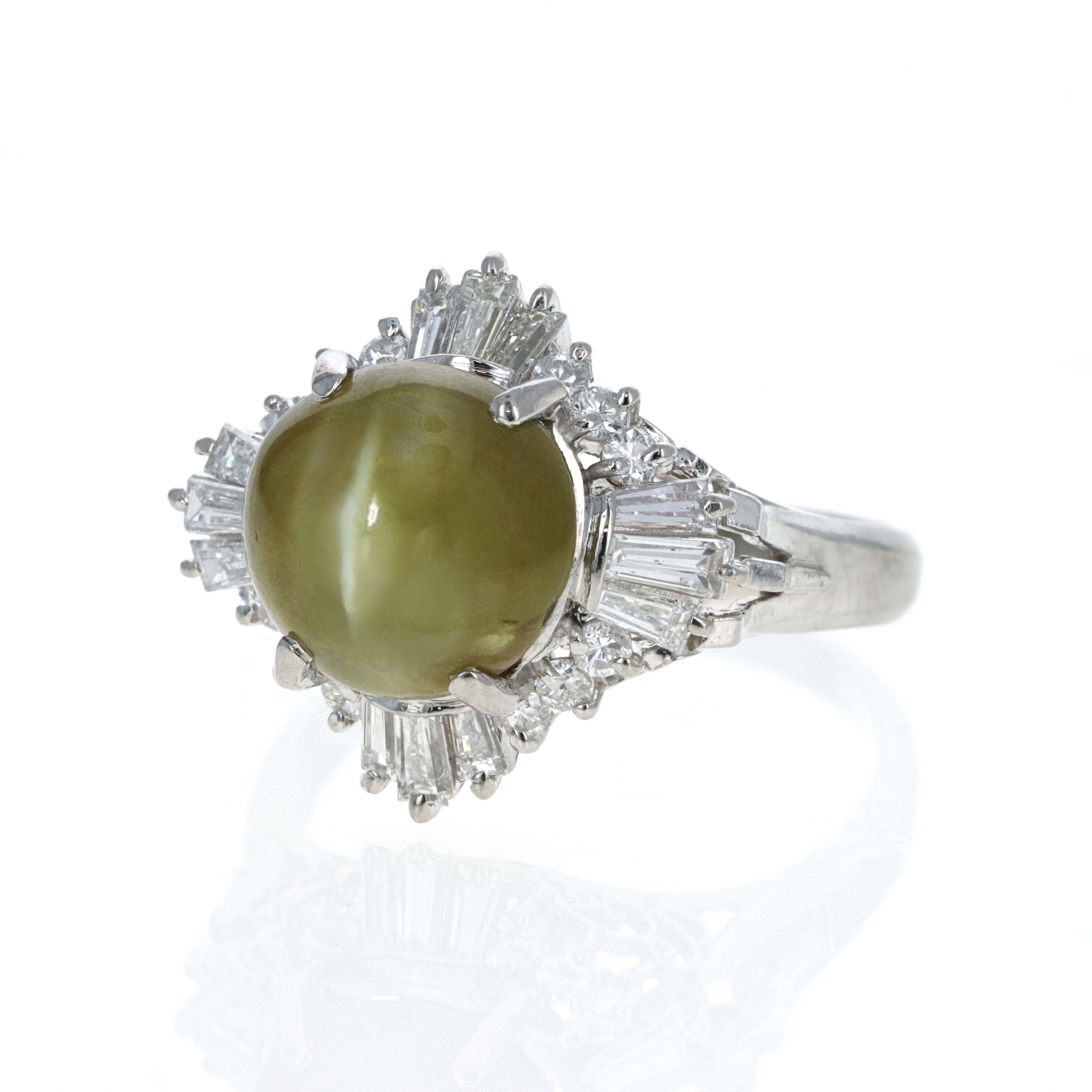 Retro Style Platinum 5.27 Carat Cat's Eye Chrysoberyl Diamond Fan Ring - Queen May