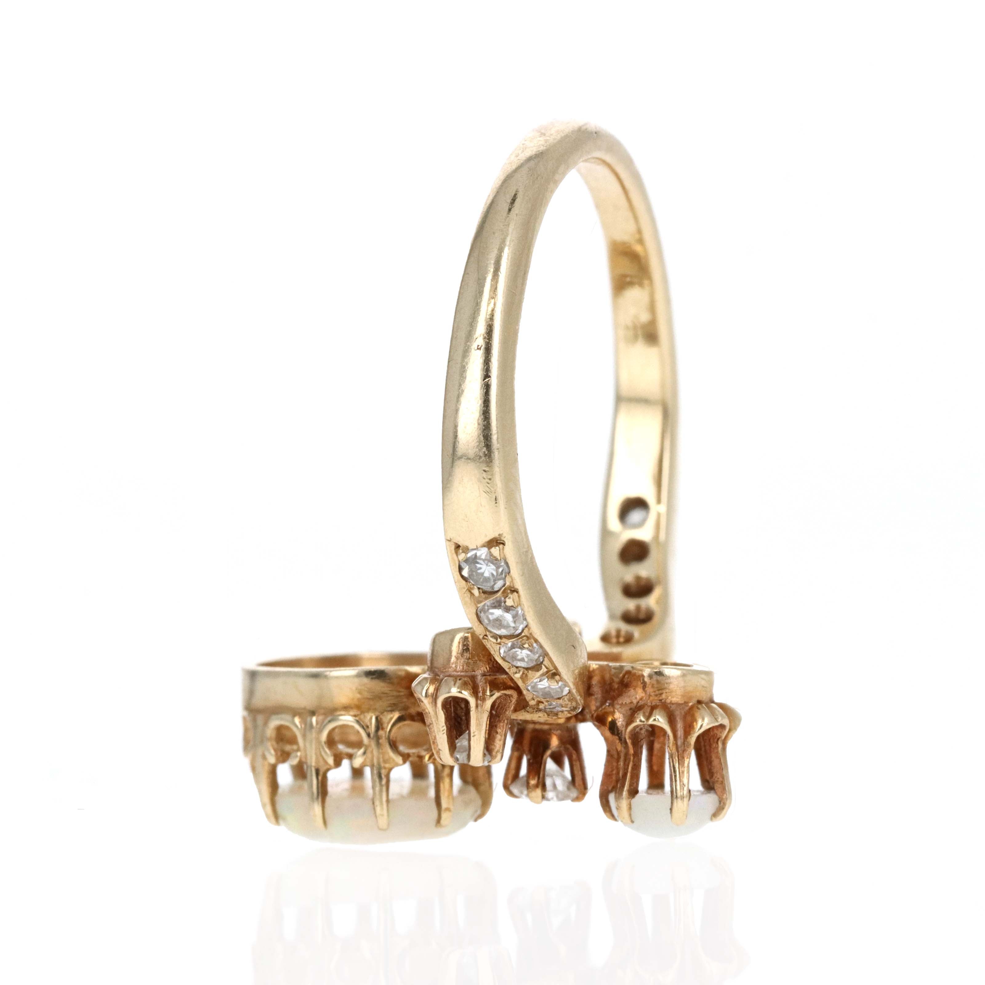 Victorian Inspired 14K Yellow Gold Opal Diamond Tiara Ring