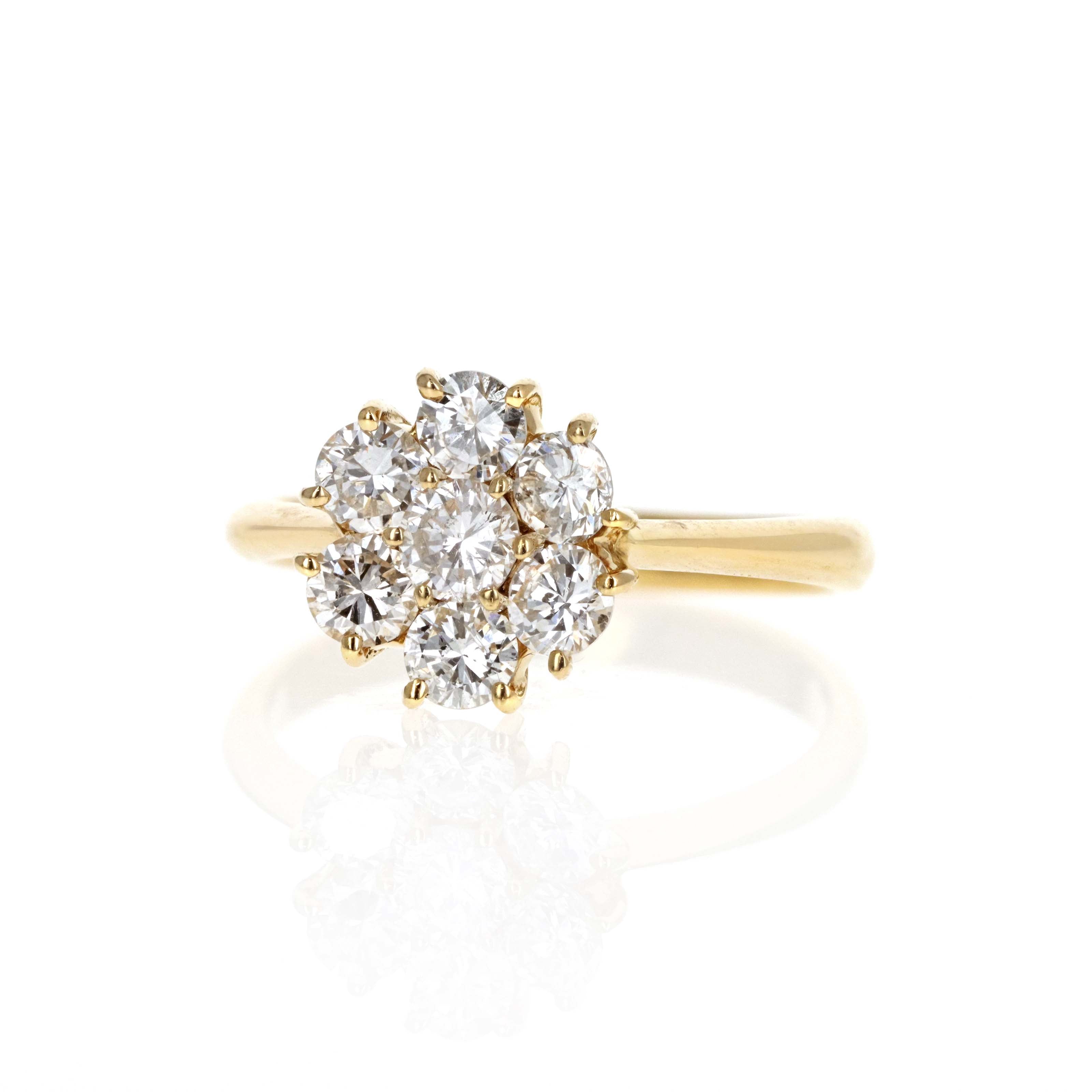 18K Yellow Gold 1.01 Carat Diamond Flower Cluster Ring