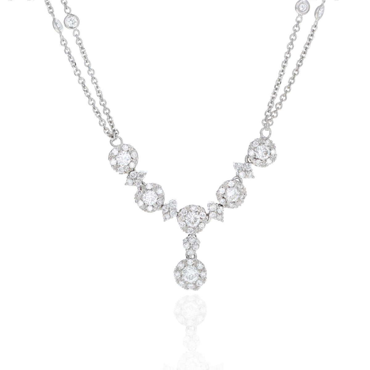 14K White Gold 2 Carat Round Brilliant Diamond Halo Station Drop Pendant Necklace - Queen May