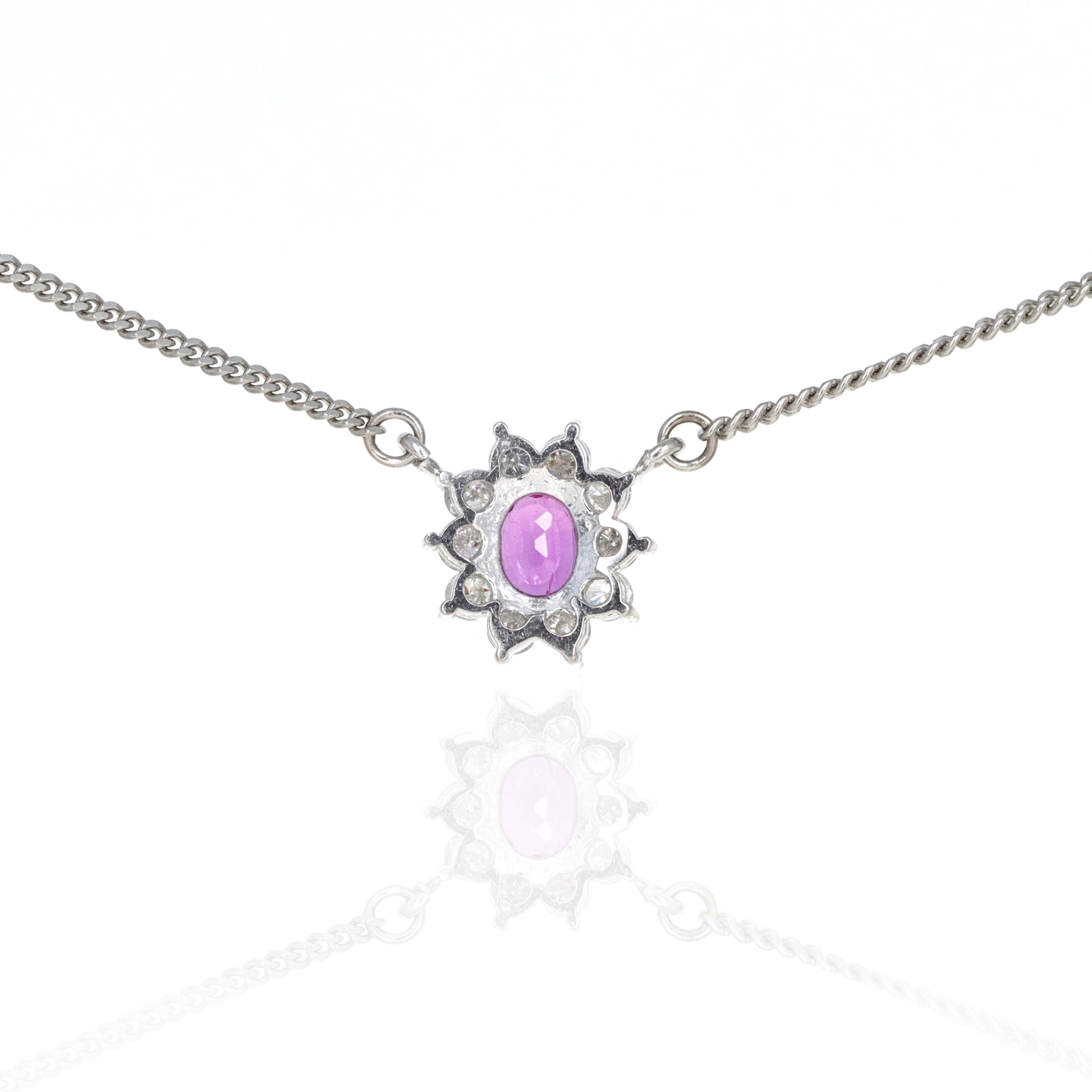 Platinum 0.34 Carat Oval Pink Sapphire Diamond Halo Pendant Necklace