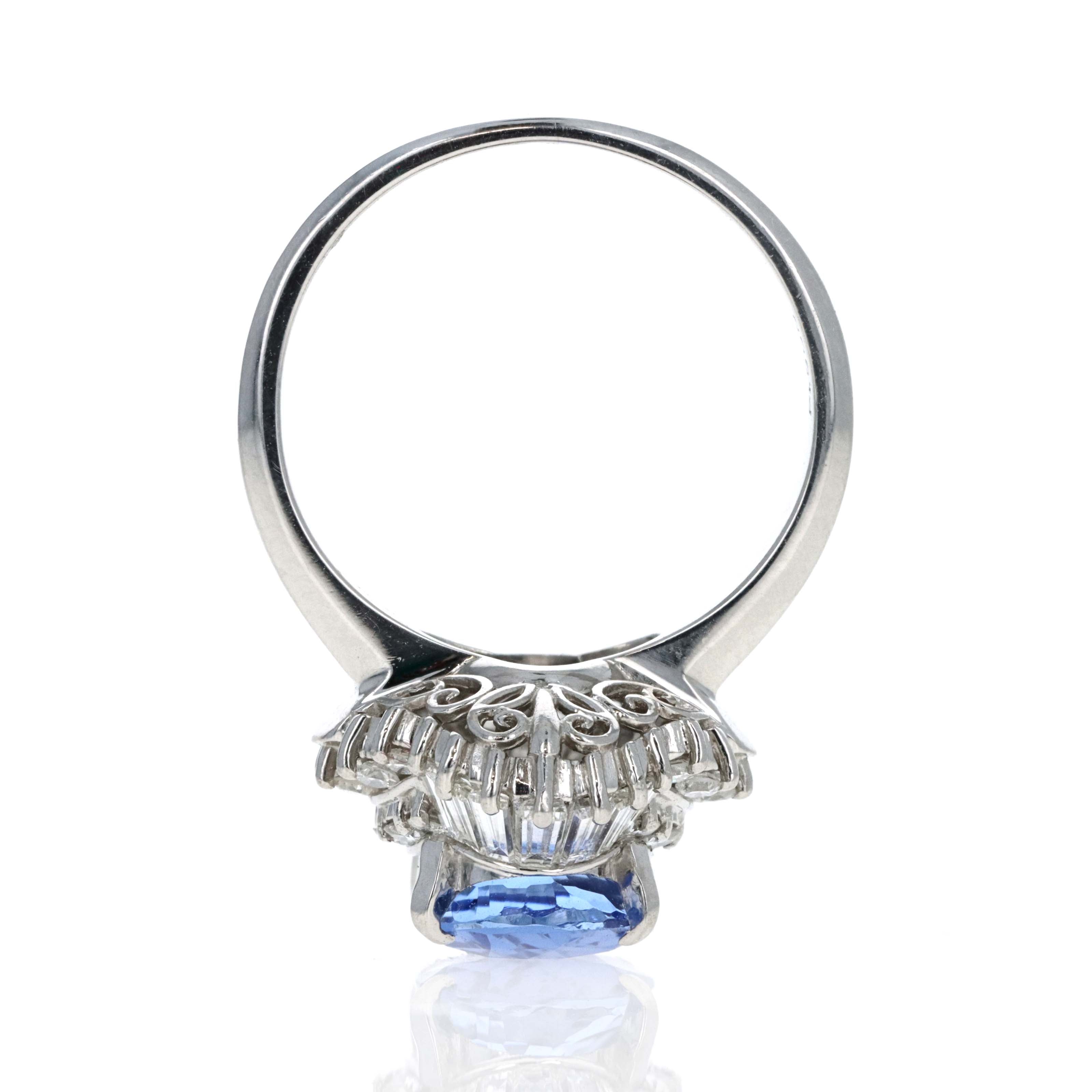 Retro Style Platinum 3.42 Carat Oval ''Corn Flower'' Blue Ceylon Sapphire Diamond Fan Ring - Queen May