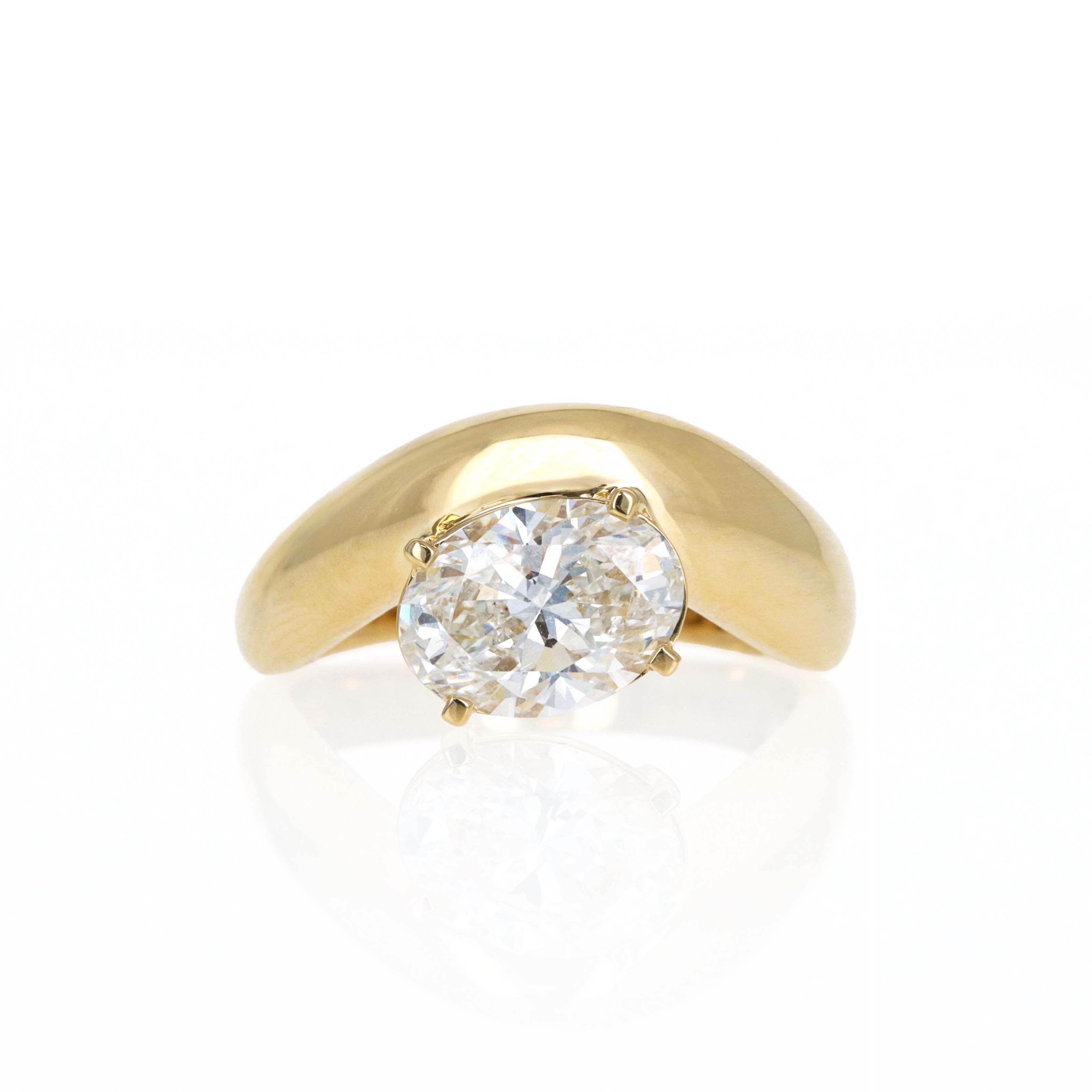 Lab Grown 2 Carat Oval Diamond East West Curve Ring 14K Yellow Gold - Queen May