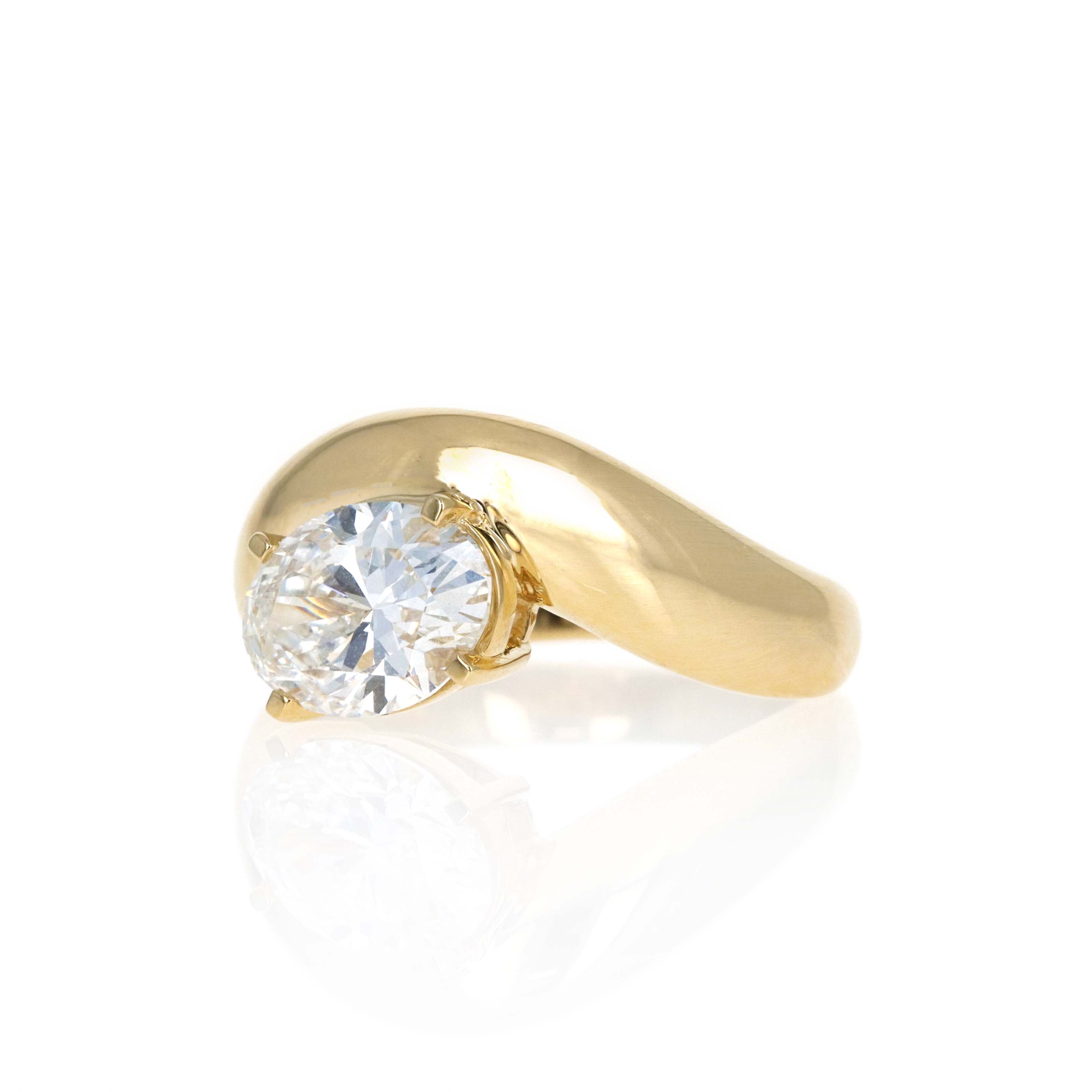 Lab Grown 2 Carat Oval Diamond East West Curve Ring 14K Yellow Gold - Queen May