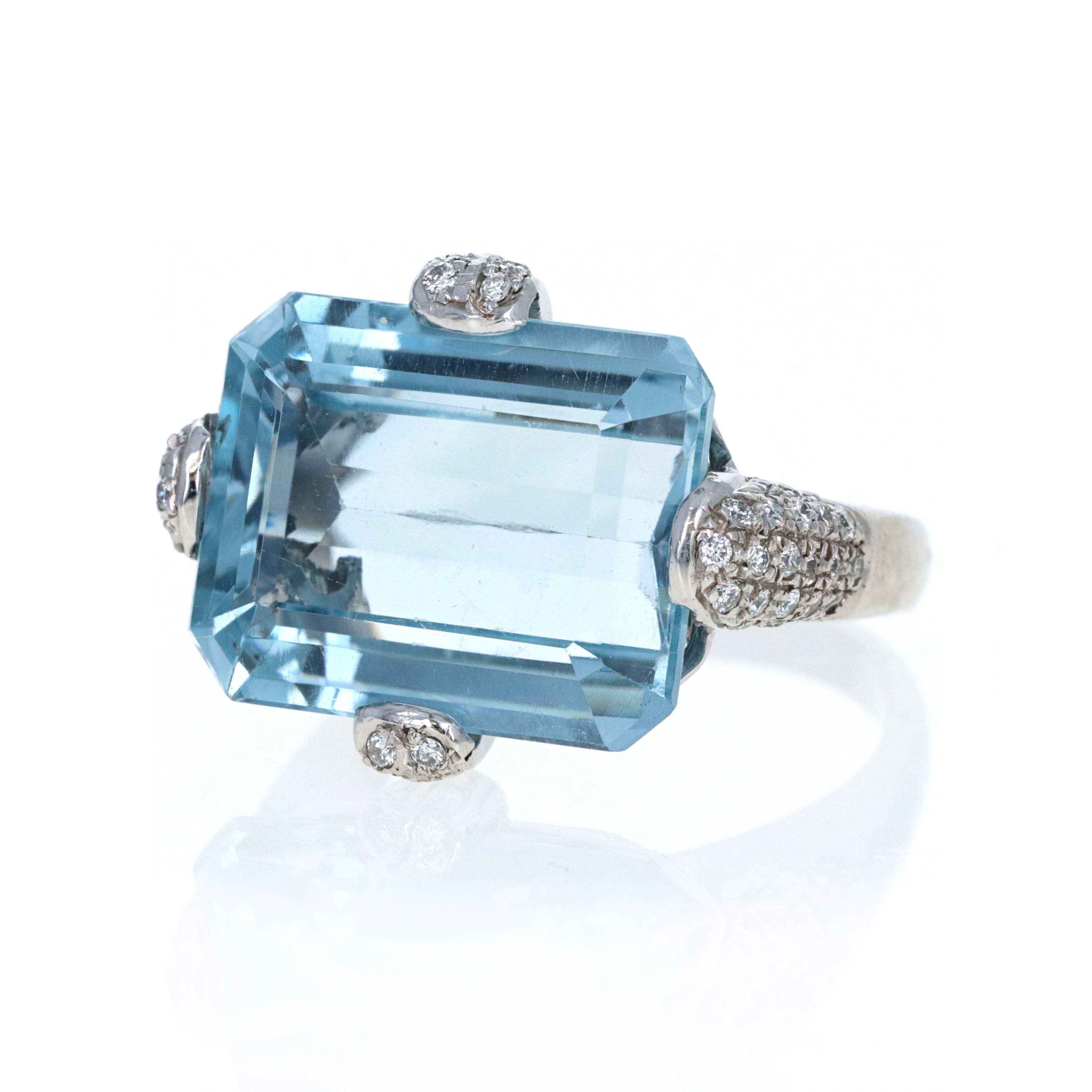 18K White Gold 12.5 Carat Blue Topaz Diamond Pave Ring - Queen May