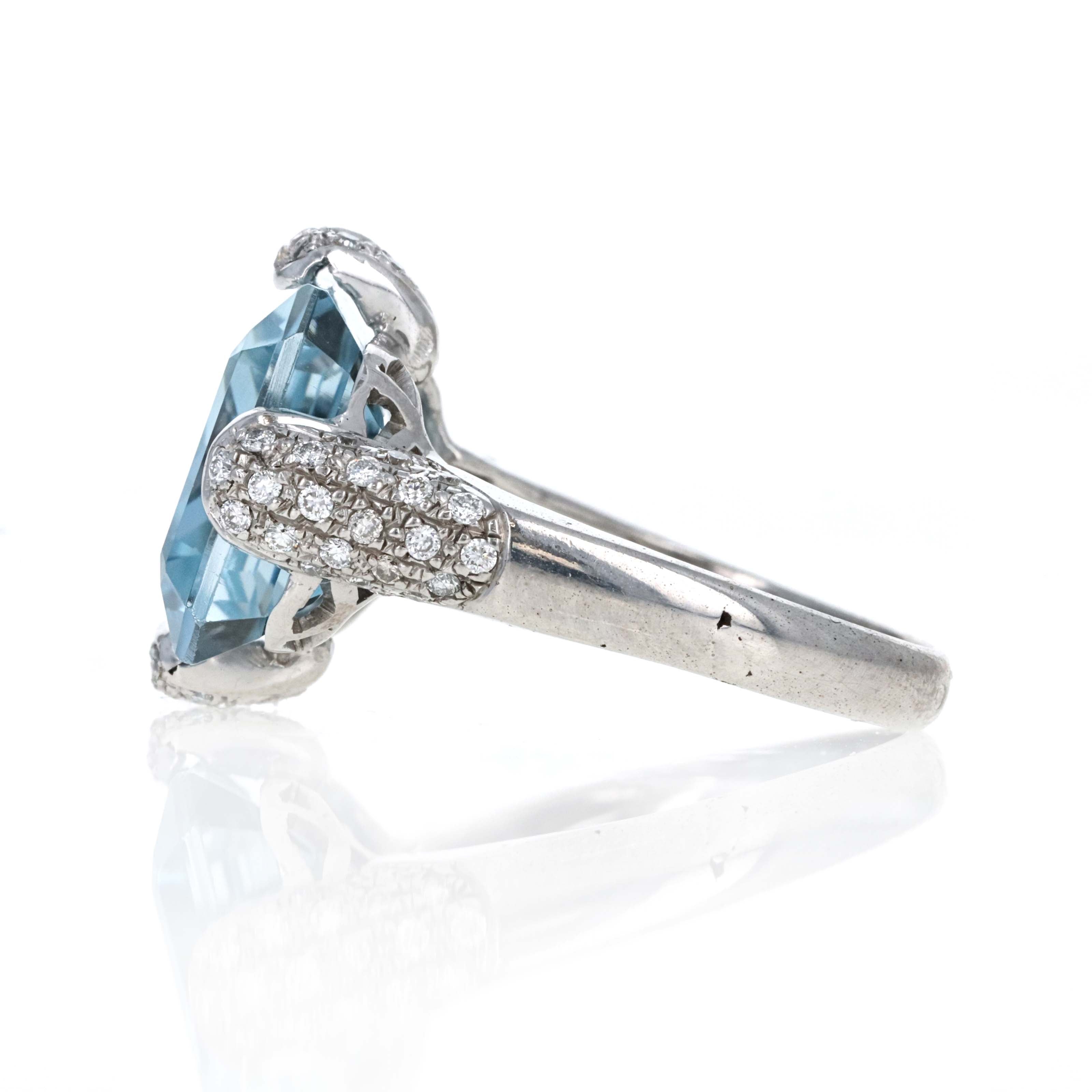 18K White Gold 12.5 Carat Blue Topaz Diamond Pave Ring - Queen May