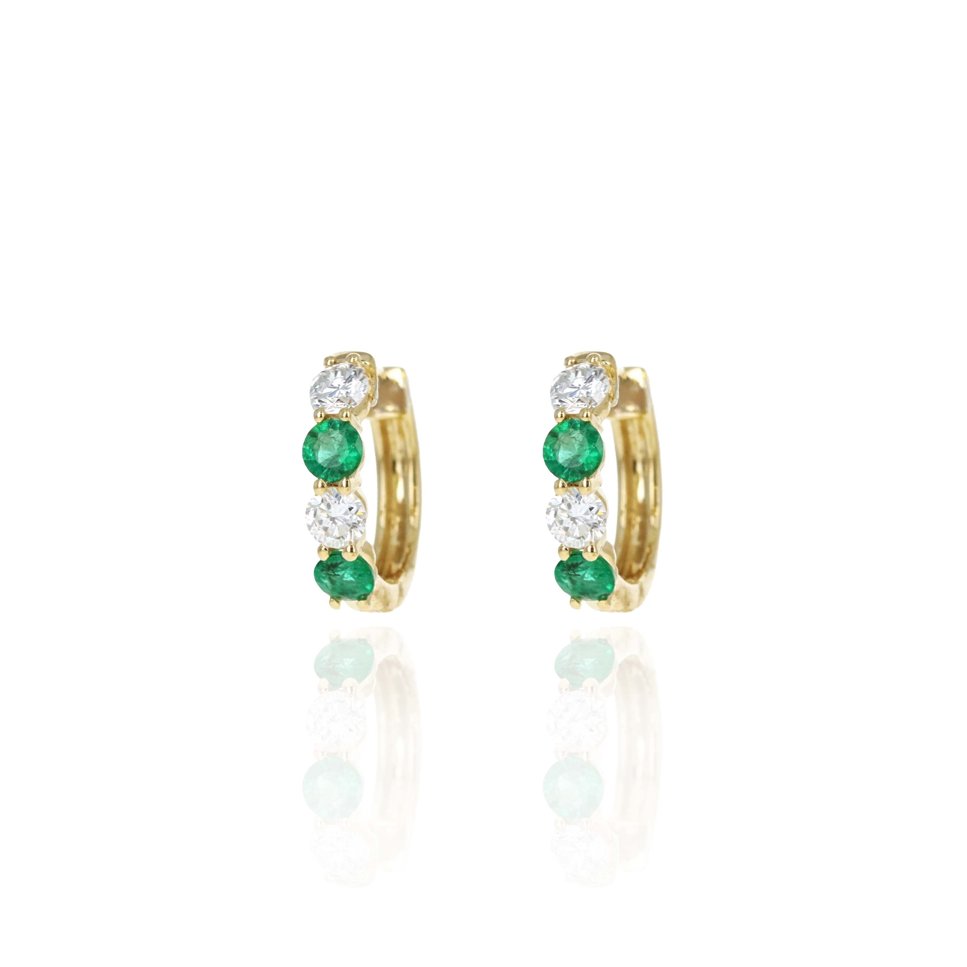 14K Yellow Gold Diamond & Emerald Huggie Hoop Earrings - Queen May