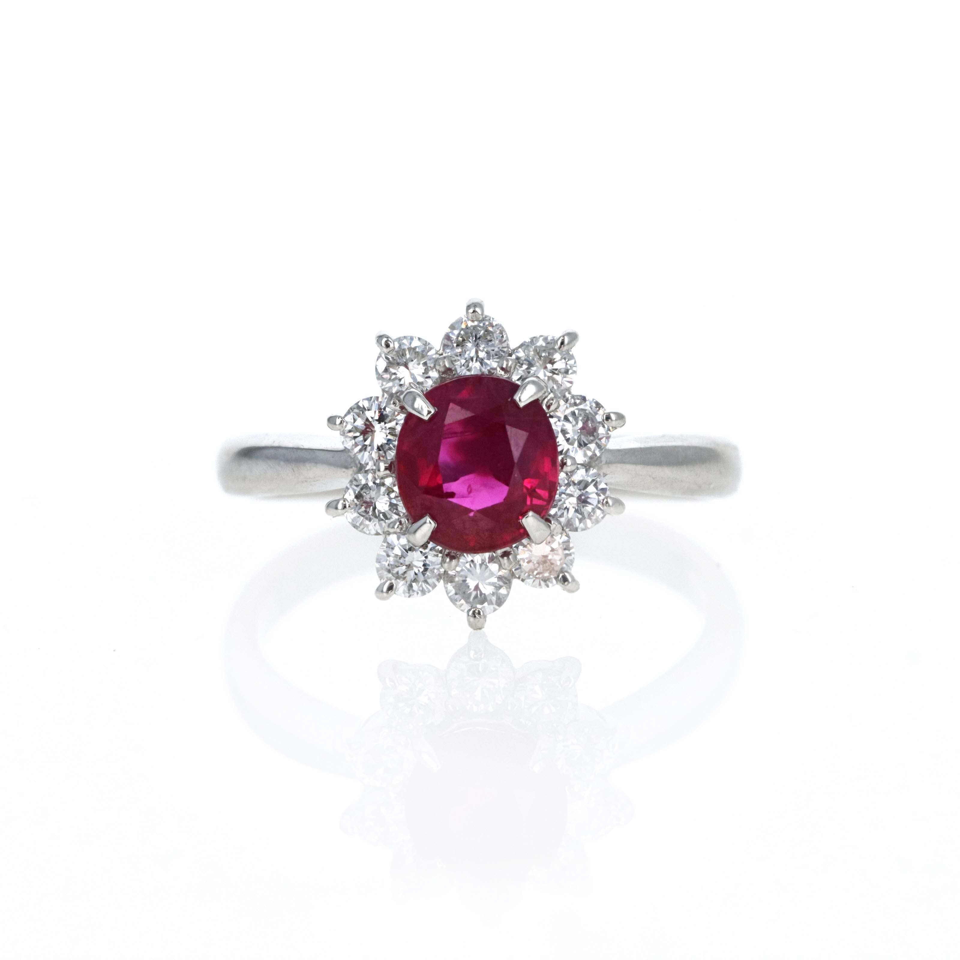 Platinum 1.20 Carat Oval Ruby Diamond Halo Ring - Queen May
