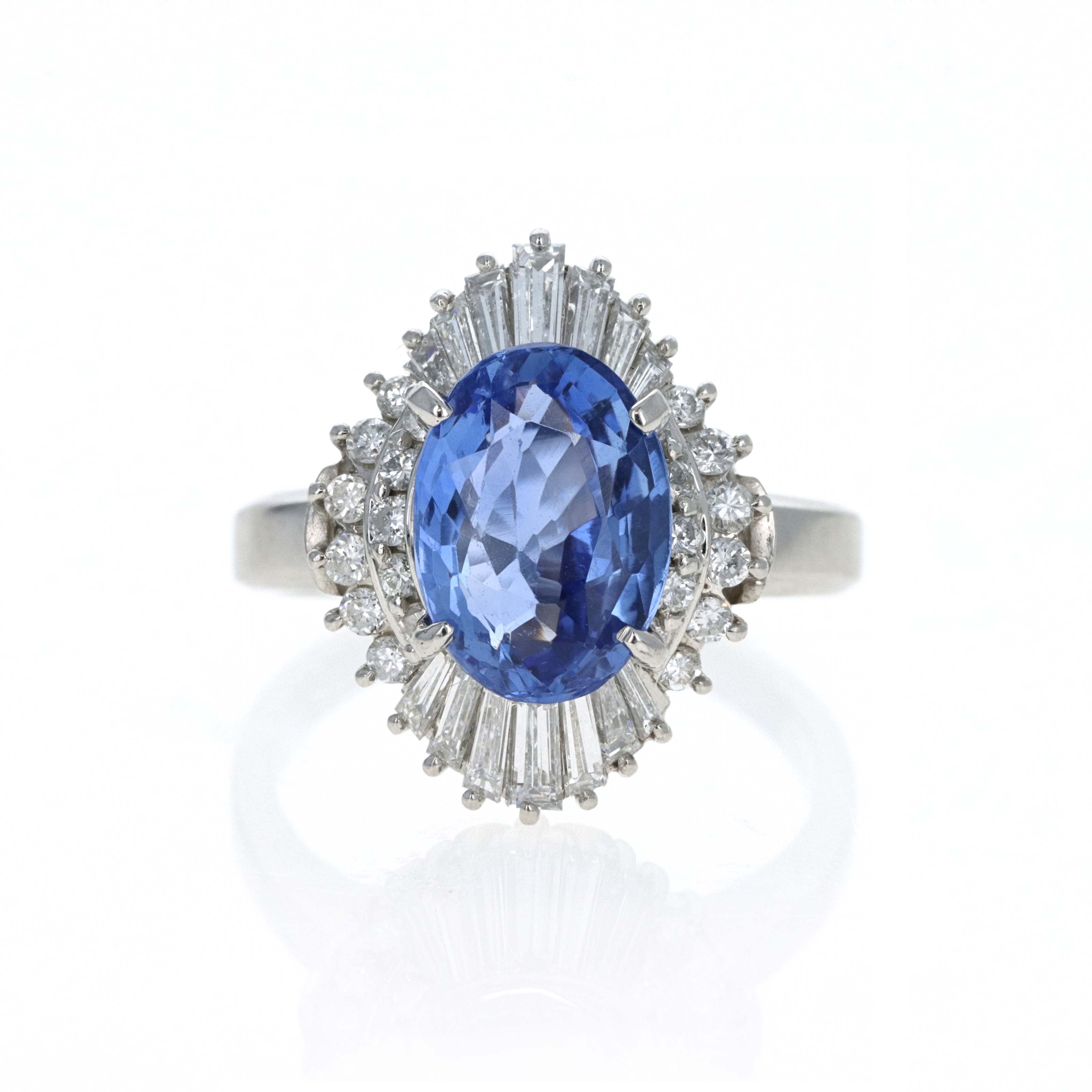 Retro Style Platinum 3.42 Carat Oval ''Corn Flower'' Blue Ceylon Sapphire Diamond Fan Ring - Queen May
