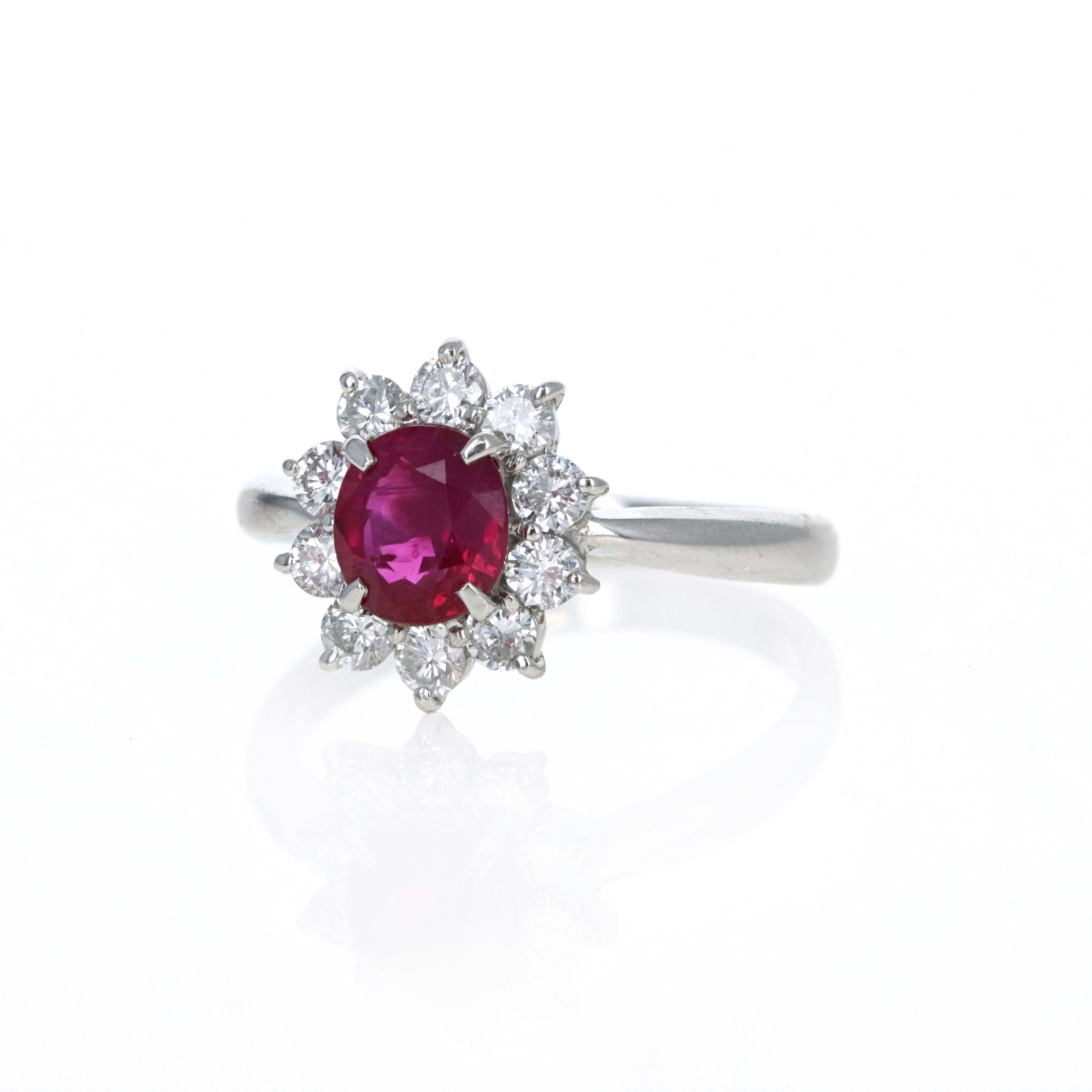 Platinum 1.20 Carat Oval Ruby Diamond Halo Ring - Queen May