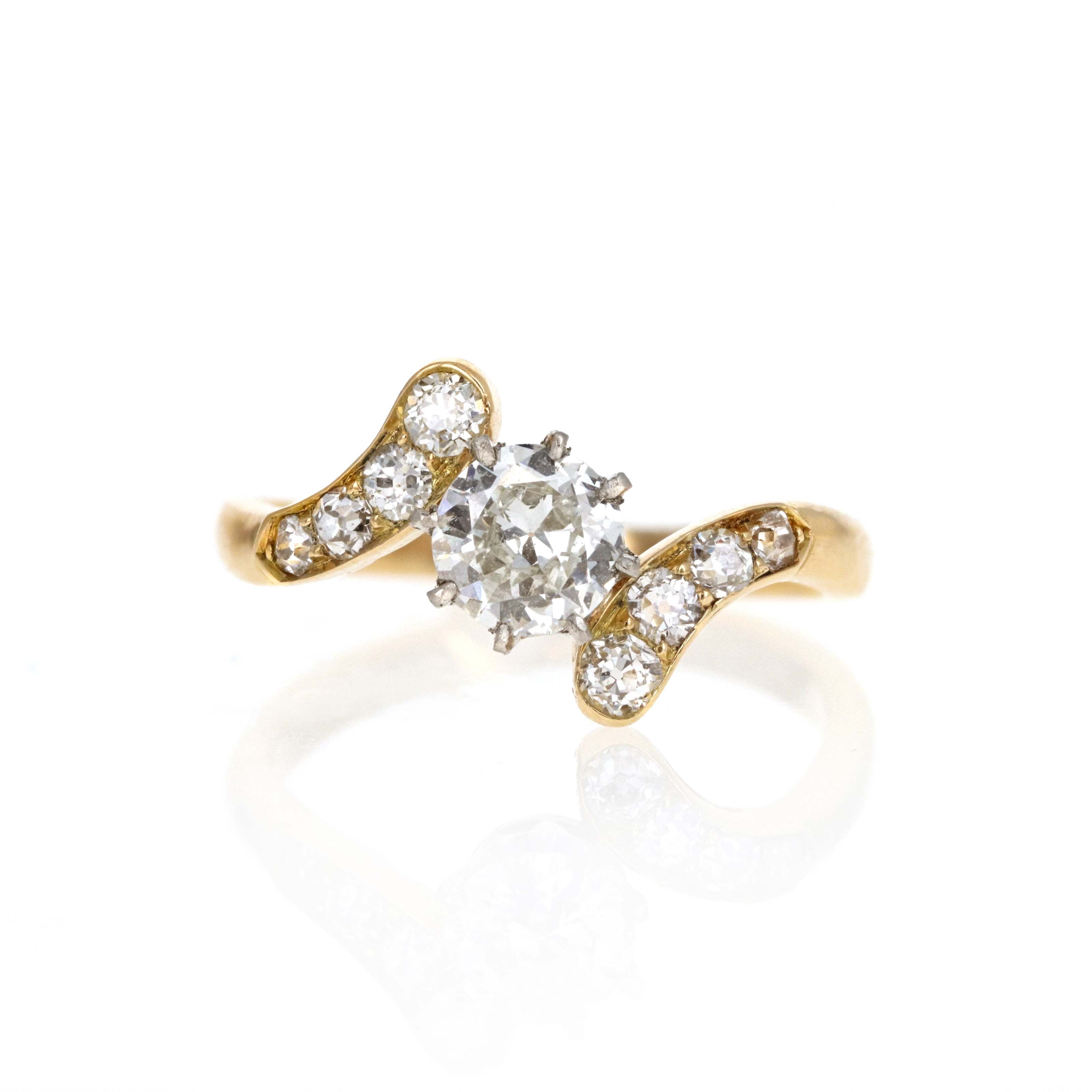 Victorian Inspired 18K Yellow Gold 0.50 Carat Old European Cut Diamond "Toi et Moi" Ring