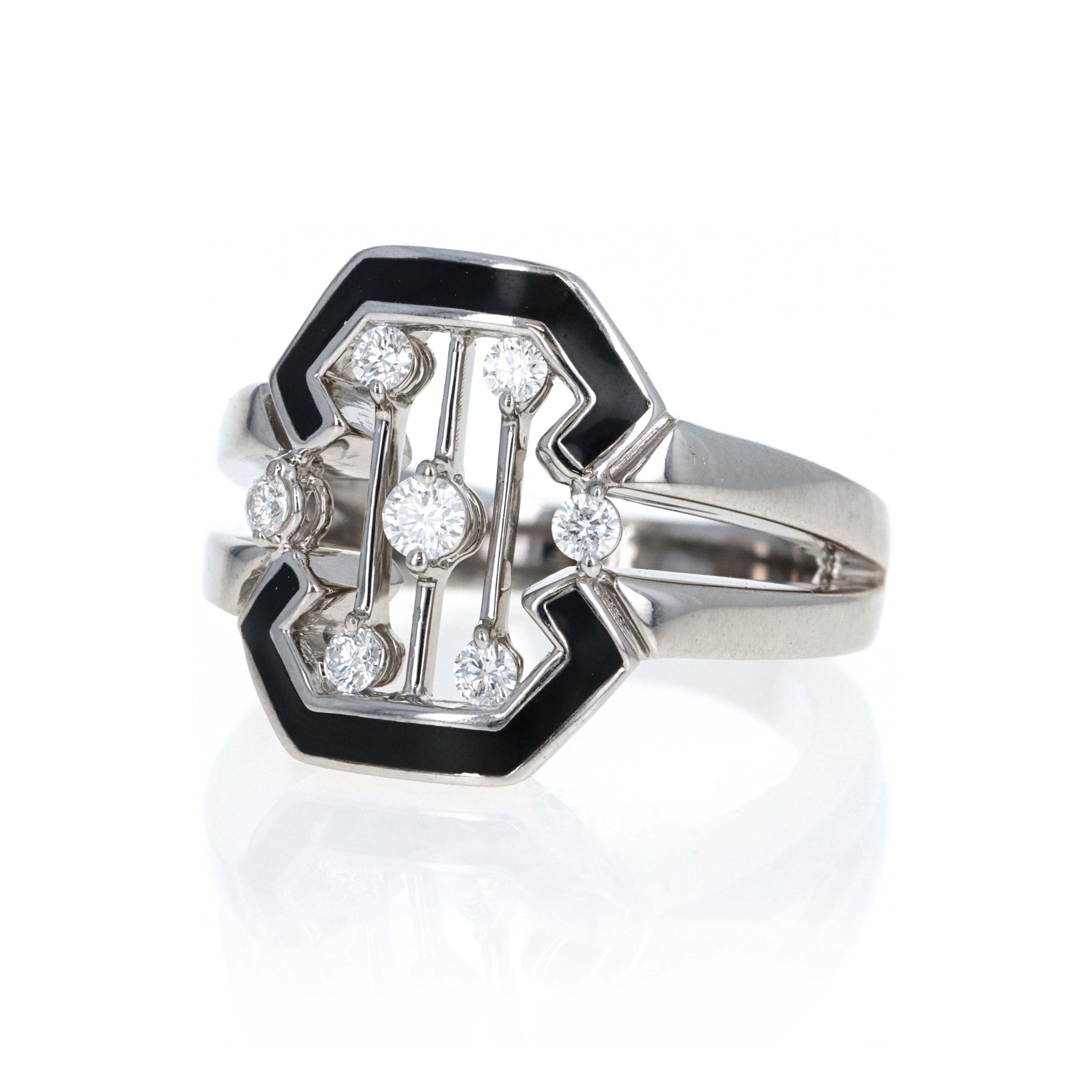 18K White Gold & Kwiat Black Enamel 0.30 Carat Round Brilliant Diamond Ring - Queen May