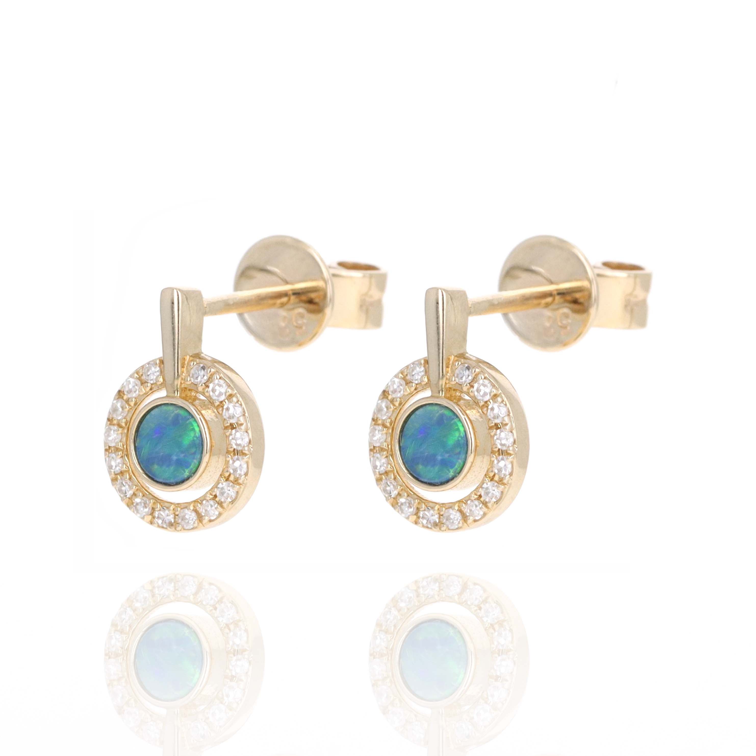 14K Yellow Gold 0.09 Carat Diamond Halo Opal Stud Earrings - Queen May