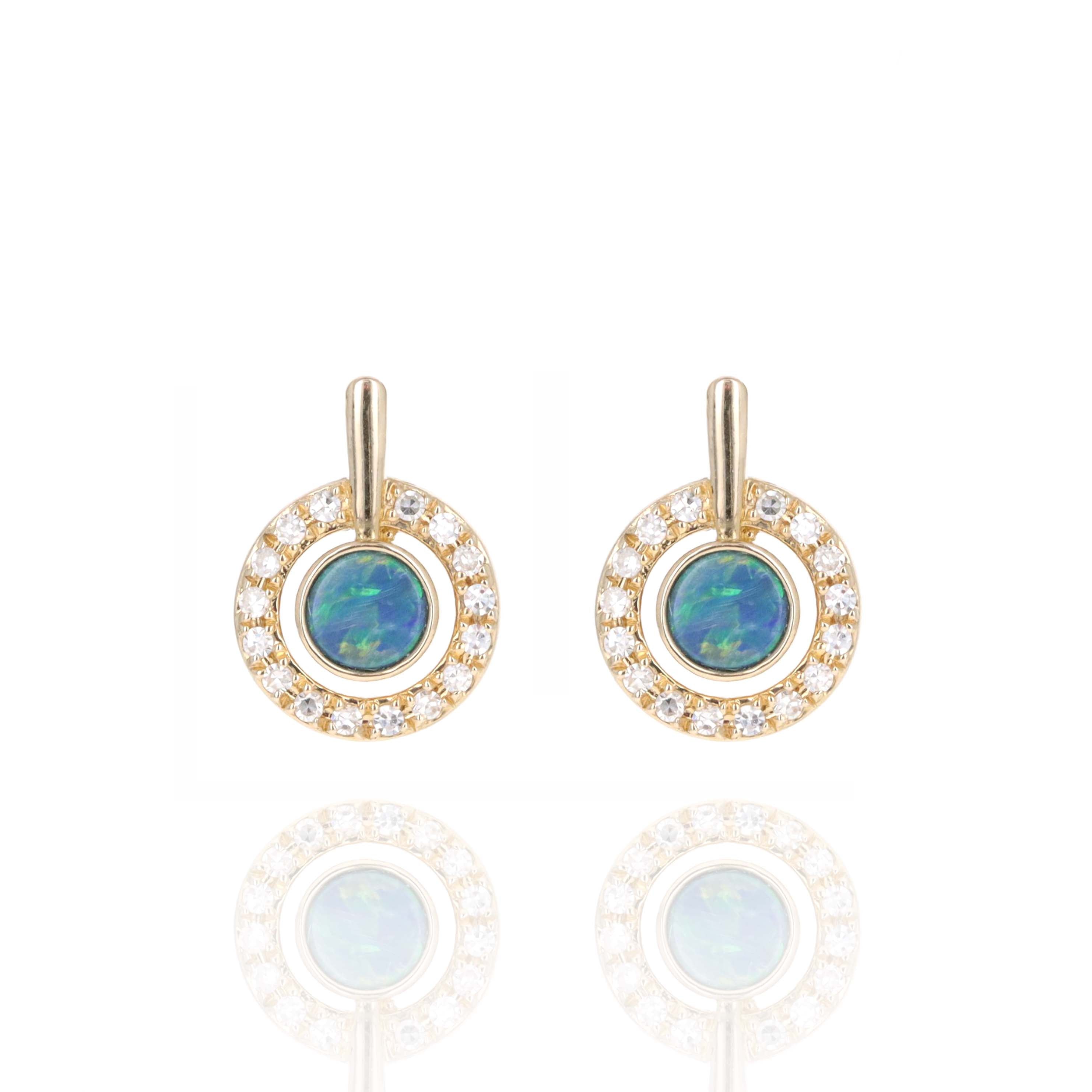14K Yellow Gold 0.09 Carat Diamond Halo Opal Stud Earrings - Queen May