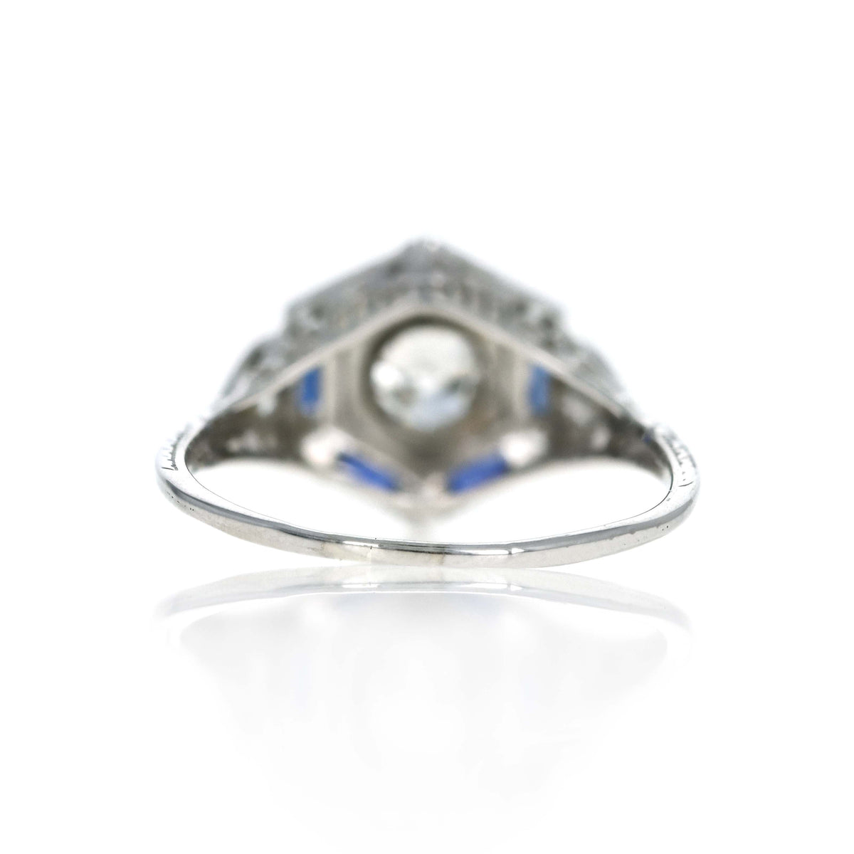 Art Deco 18K White Gold Diamond & Sapphire Filigree Engagement Ring