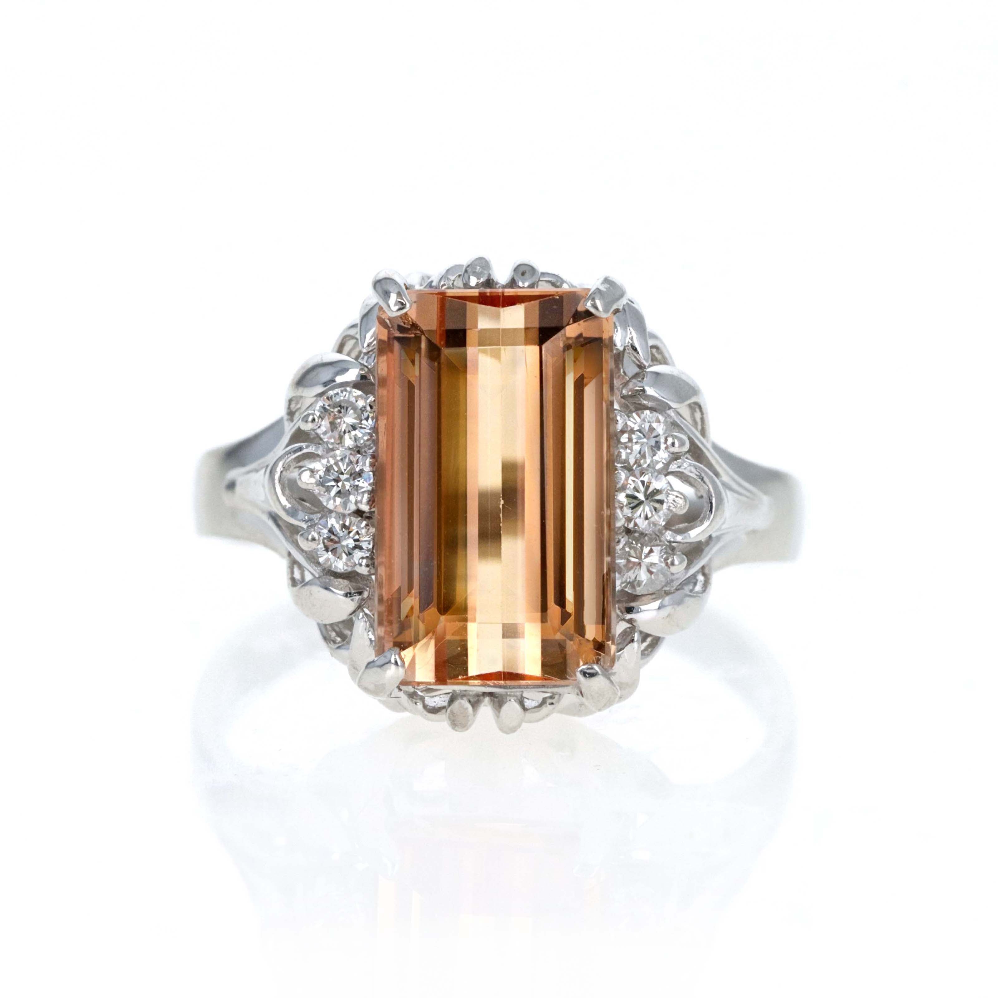 Art Deco Inspired Platinum 3.94 Carat Emerald Cut Imperial Topaz & Diamond Ring - Queen May