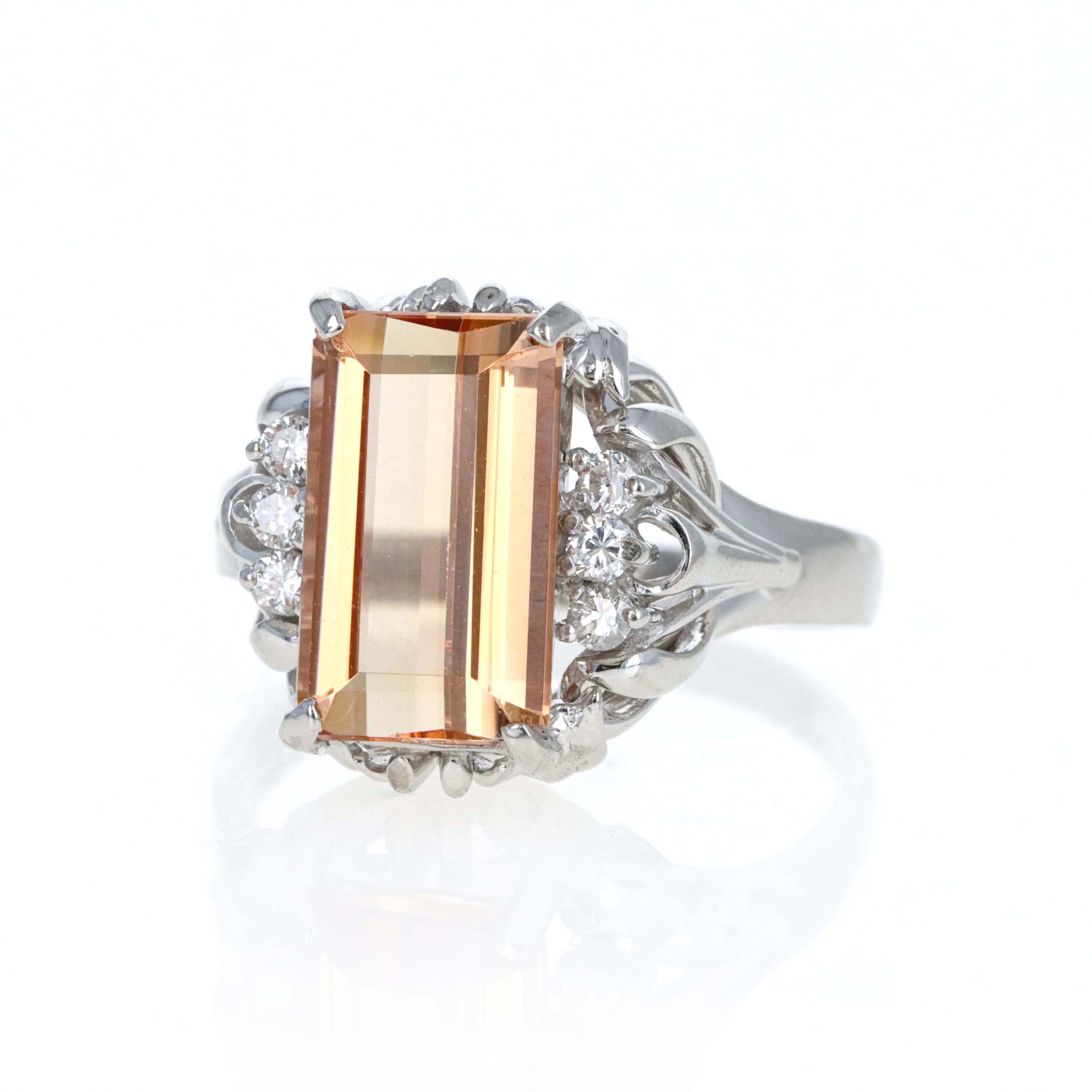 Art Deco Inspired Platinum 3.94 Carat Emerald Cut Imperial Topaz & Diamond Ring - Queen May
