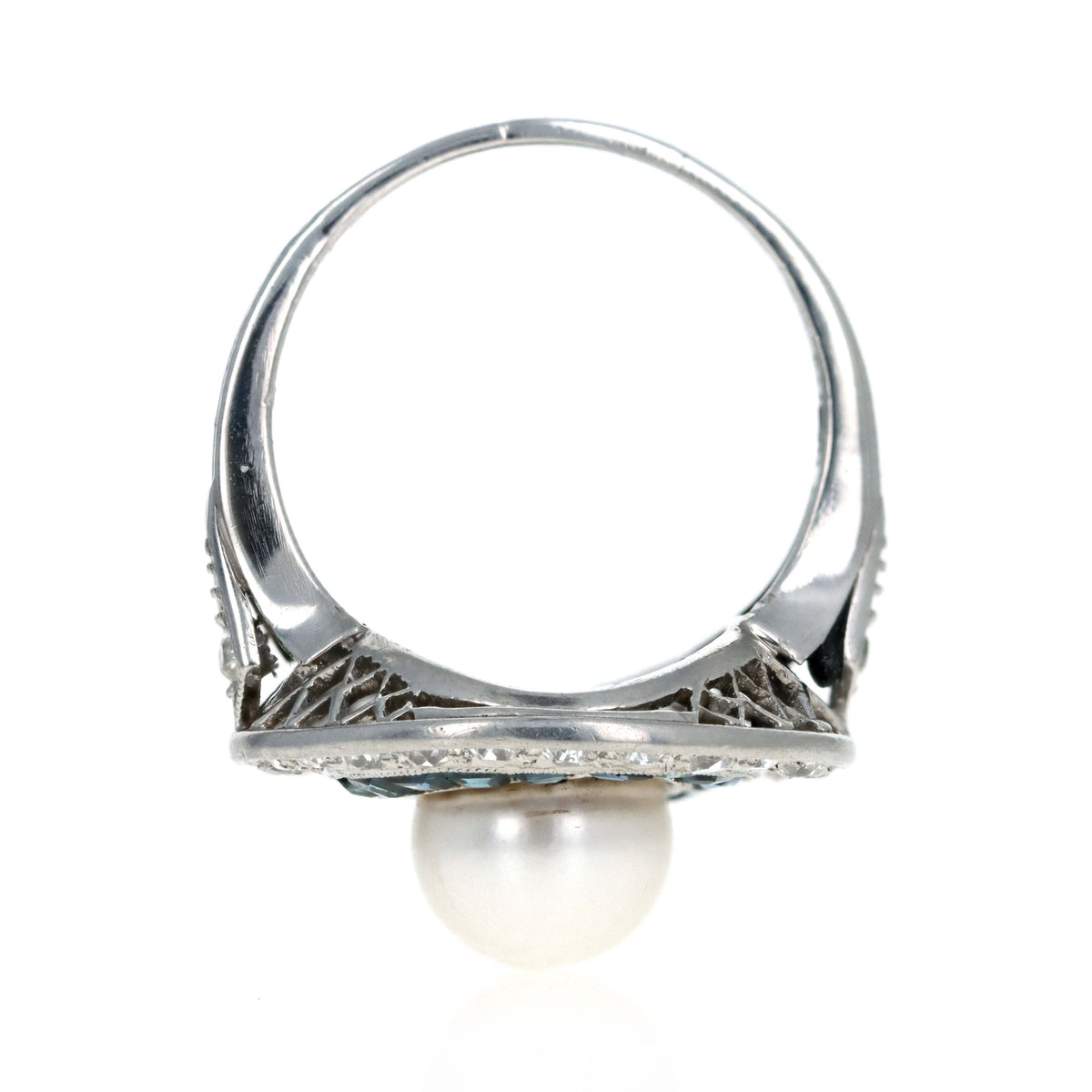 Art Deco Platinum Pearl, Sapphire & Diamond Halo Ring