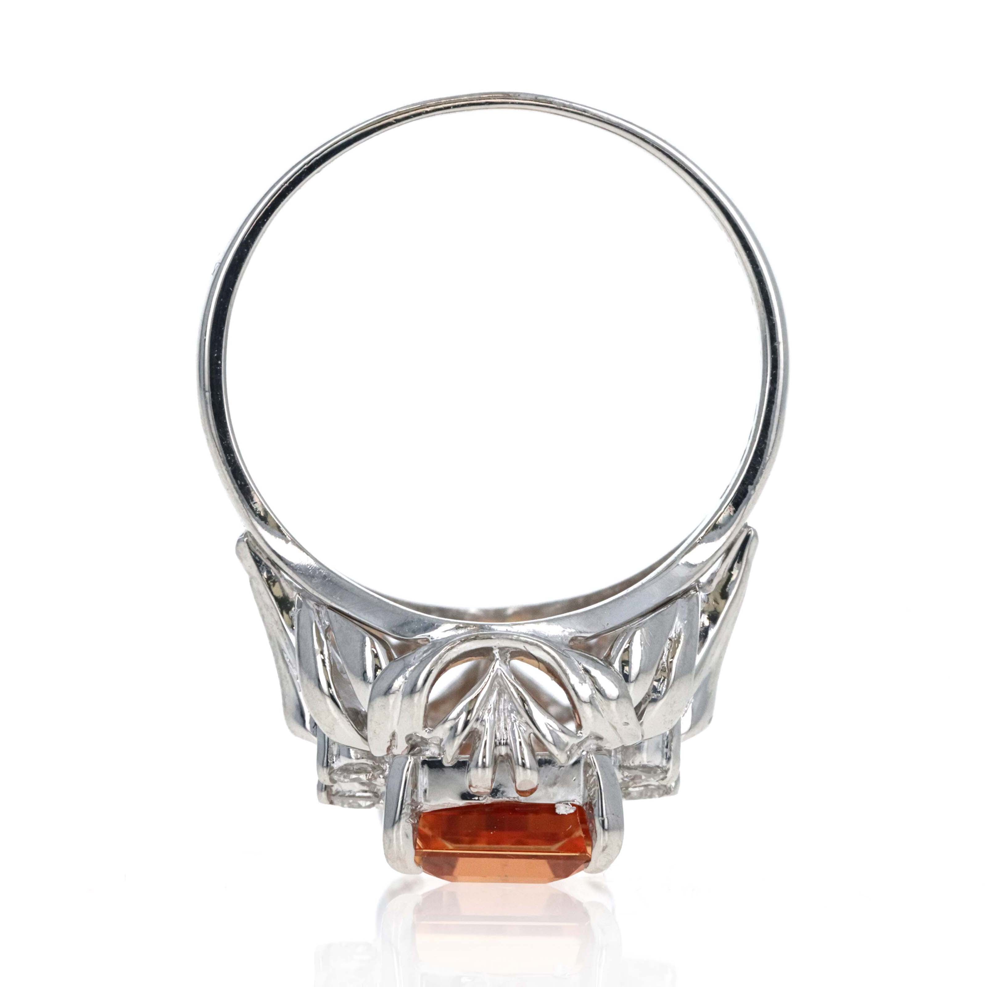 Art Deco Inspired Platinum 3.94 Carat Emerald Cut Imperial Topaz & Diamond Ring - Queen May