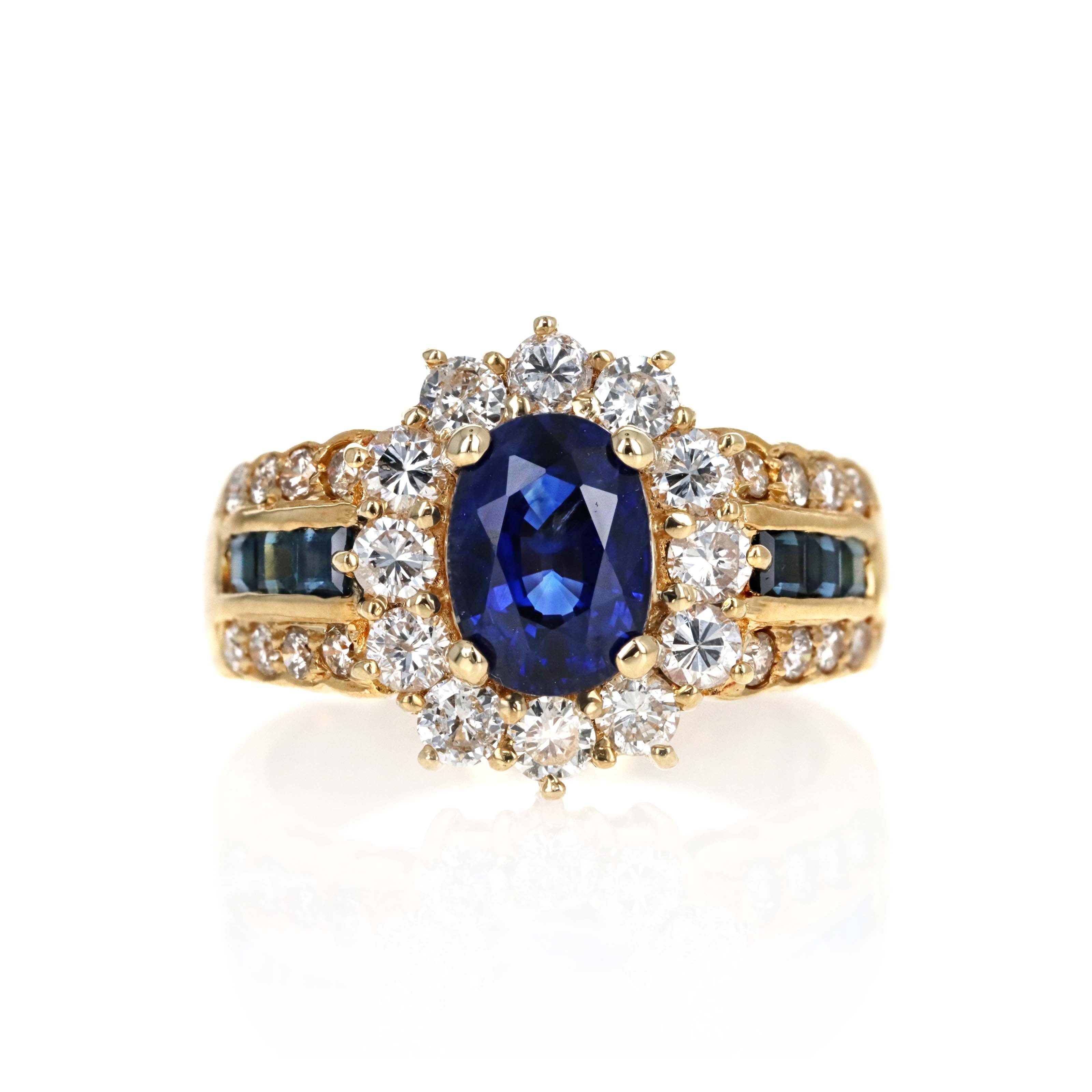 18K Yellow Gold 1.97 Carat Oval Sapphire Diamond Halo Ring - Queen May